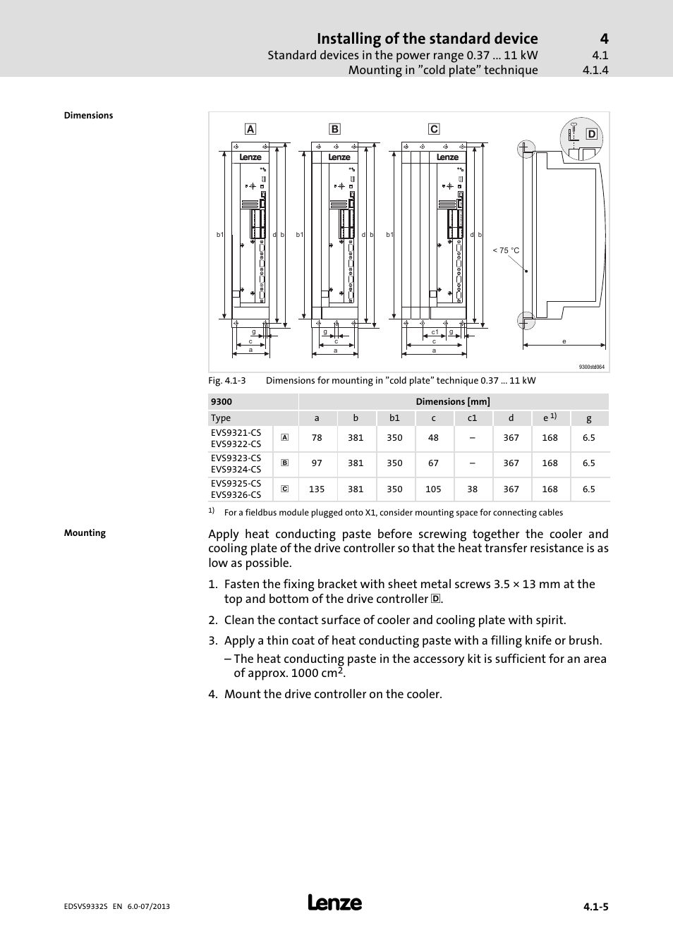 Installing of the standard device | Lenze EVS9332xS User Manual | Page 56 / 376
