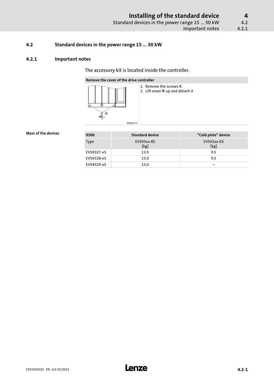 Standard devices in the power range 15 kw, Important notes, Installing of the standard device | Lenze EVS9332xS User Manual | Page 58 / 376