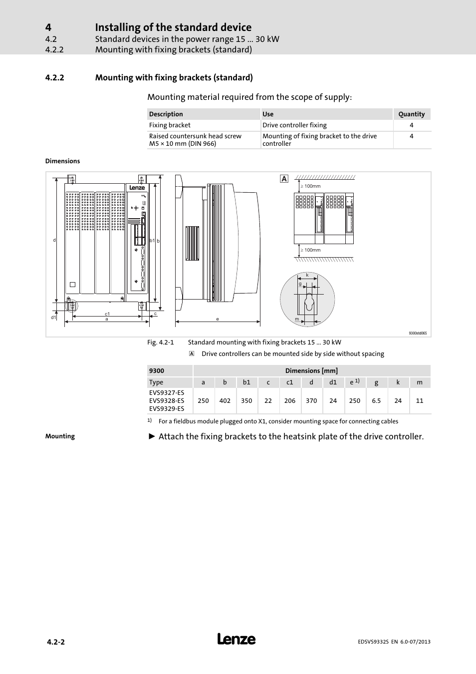 Mounting with fixing brackets (standard), Installing of the standard device | Lenze EVS9332xS User Manual | Page 59 / 376