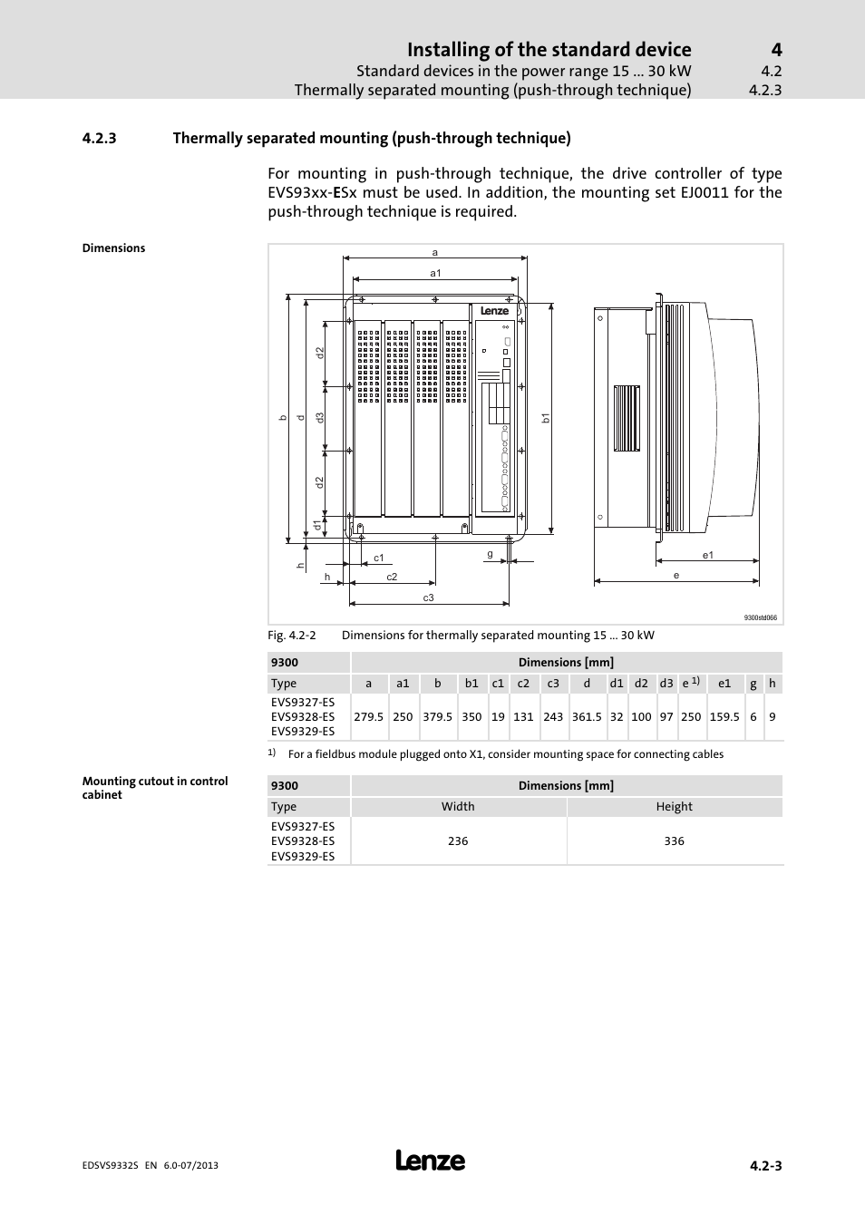 Installing of the standard device | Lenze EVS9332xS User Manual | Page 60 / 376