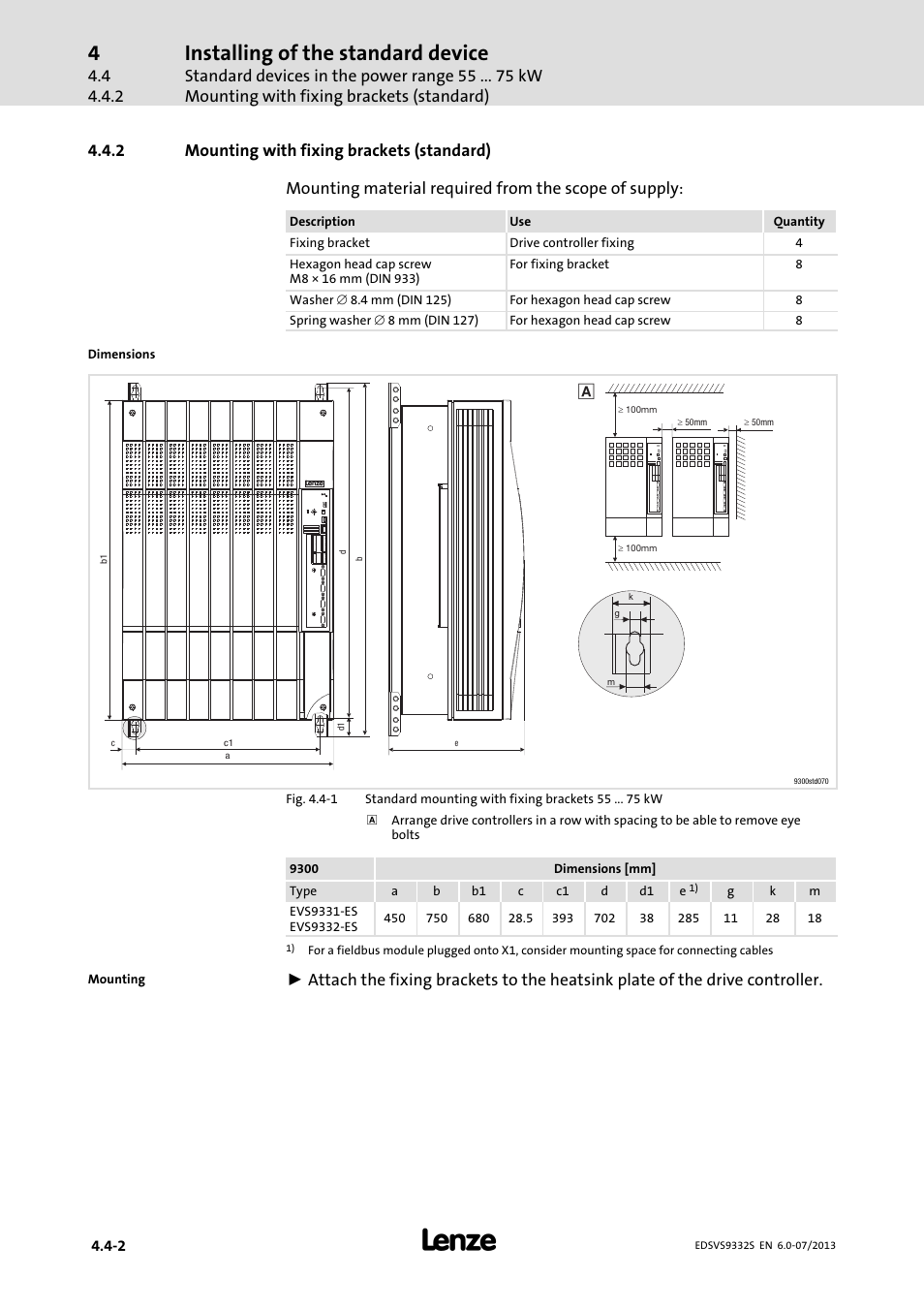 Mounting with fixing brackets (standard), Installing of the standard device | Lenze EVS9332xS User Manual | Page 71 / 376