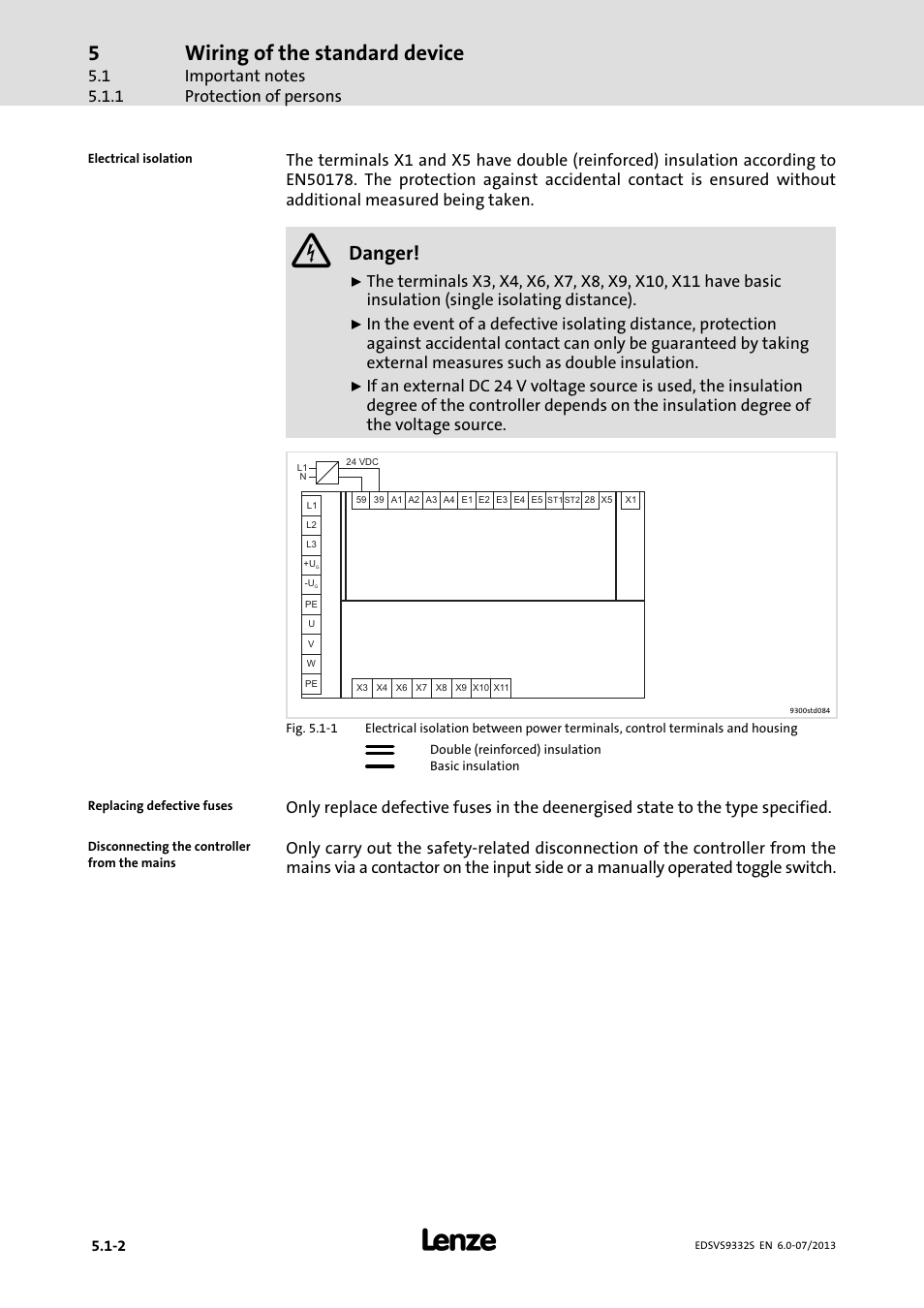 Wiring of the standard device, Danger | Lenze EVS9332xS User Manual | Page 77 / 376