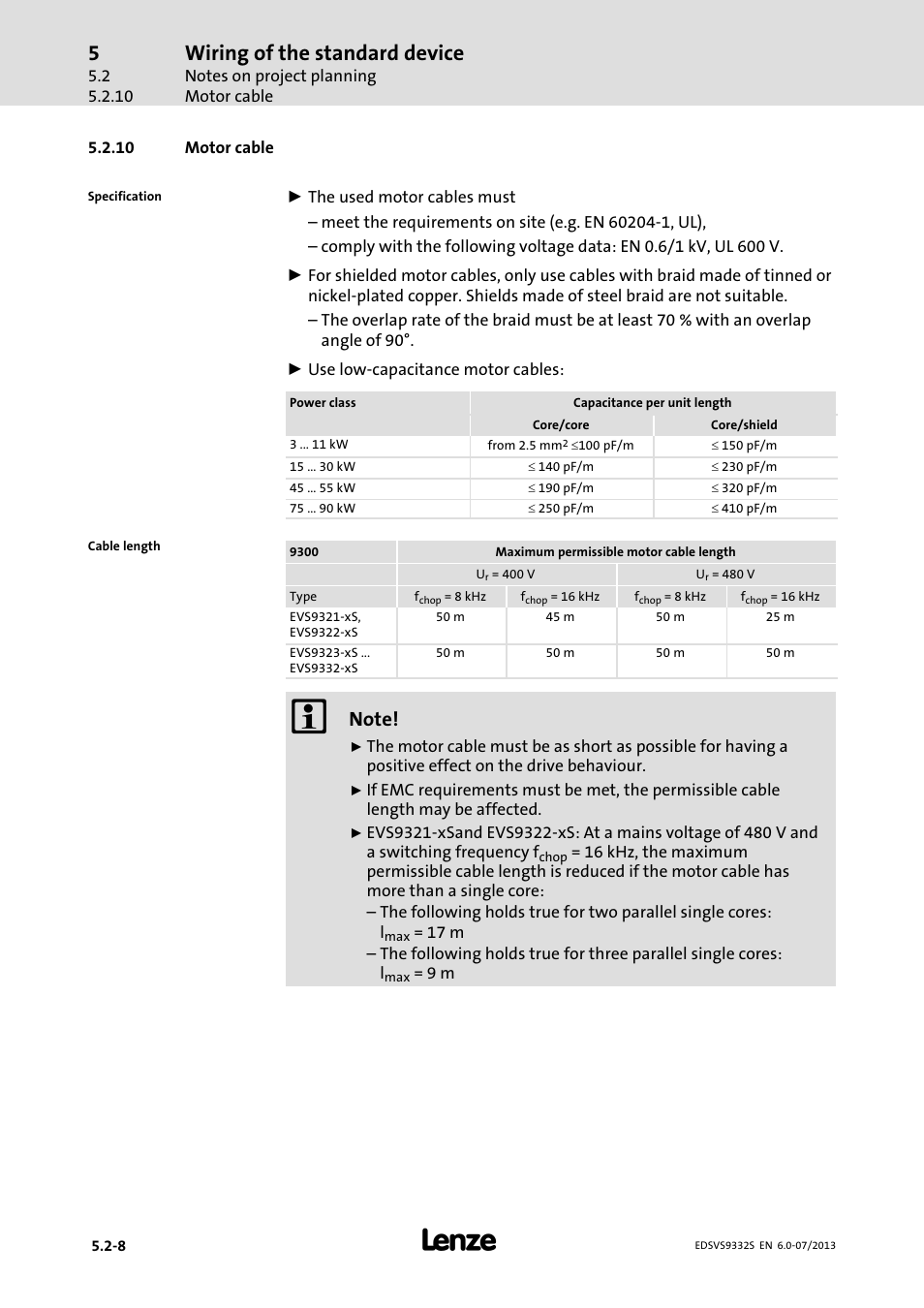 Motor cable, Wiring of the standard device | Lenze EVS9332xS User Manual | Page 87 / 376