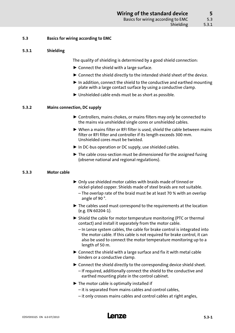 Basics for wiring according to emc, Shielding, Mains connection, dc supply | Motor cable, Wiring of the standard device | Lenze EVS9332xS User Manual | Page 90 / 376