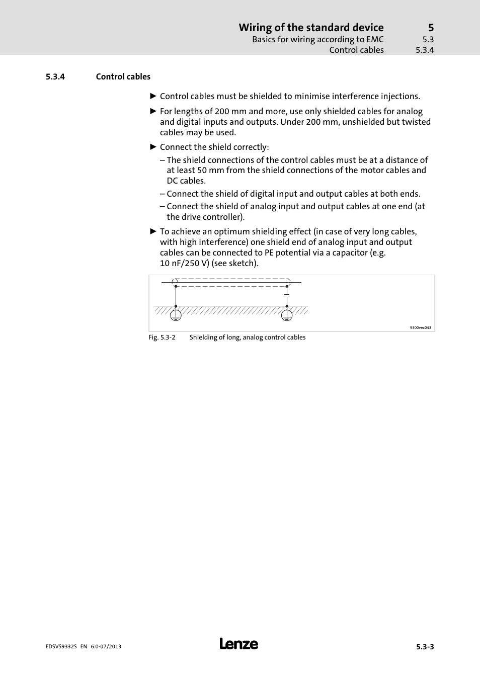 Control cables, Wiring of the standard device | Lenze EVS9332xS User Manual | Page 92 / 376