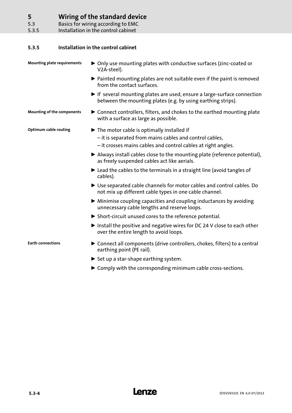 Installation in the control cabinet, Wiring of the standard device | Lenze EVS9332xS User Manual | Page 93 / 376