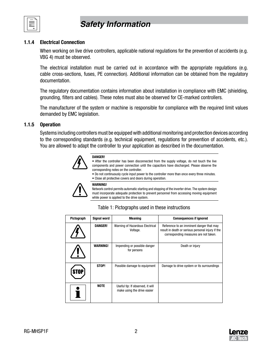 4 electrical connection, 5 operation, 4 electrical connection 1.1.5 operation | Safety information, Rg-mhsp1f 2, Table 1: pictographs used in these instructions | Lenze MCH Series Drives Siemens P1 User Manual | Page 5 / 16