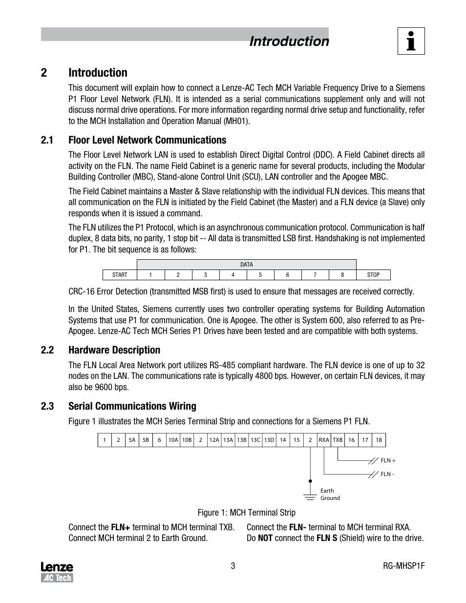 2 introduction, 1 floor level network communications, 2 hardware description | 3 serial communications wiring, Floor level network communications, Hardware description, Serial communications wiring, Introduction, 2introduction | Lenze MCH Series Drives Siemens P1 User Manual | Page 6 / 16