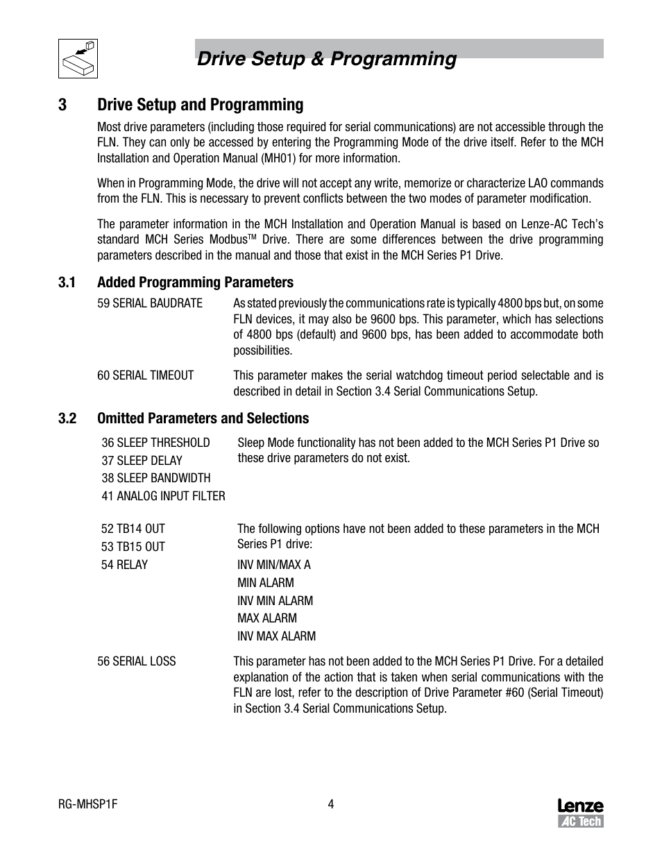 3 drive setup and programming, 1 added programming parameters, 2 omitted parameters and selections | Added programming parameters, Omitted parameters and selections, Drive setup & programming, 3drive setup and programming | Lenze MCH Series Drives Siemens P1 User Manual | Page 7 / 16