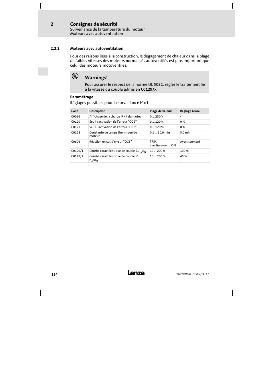 Moteurs avec autoventilation, Consignes de sécurité, Warnings | Lenze ECSDAxxx User Manual | Page 154 / 210