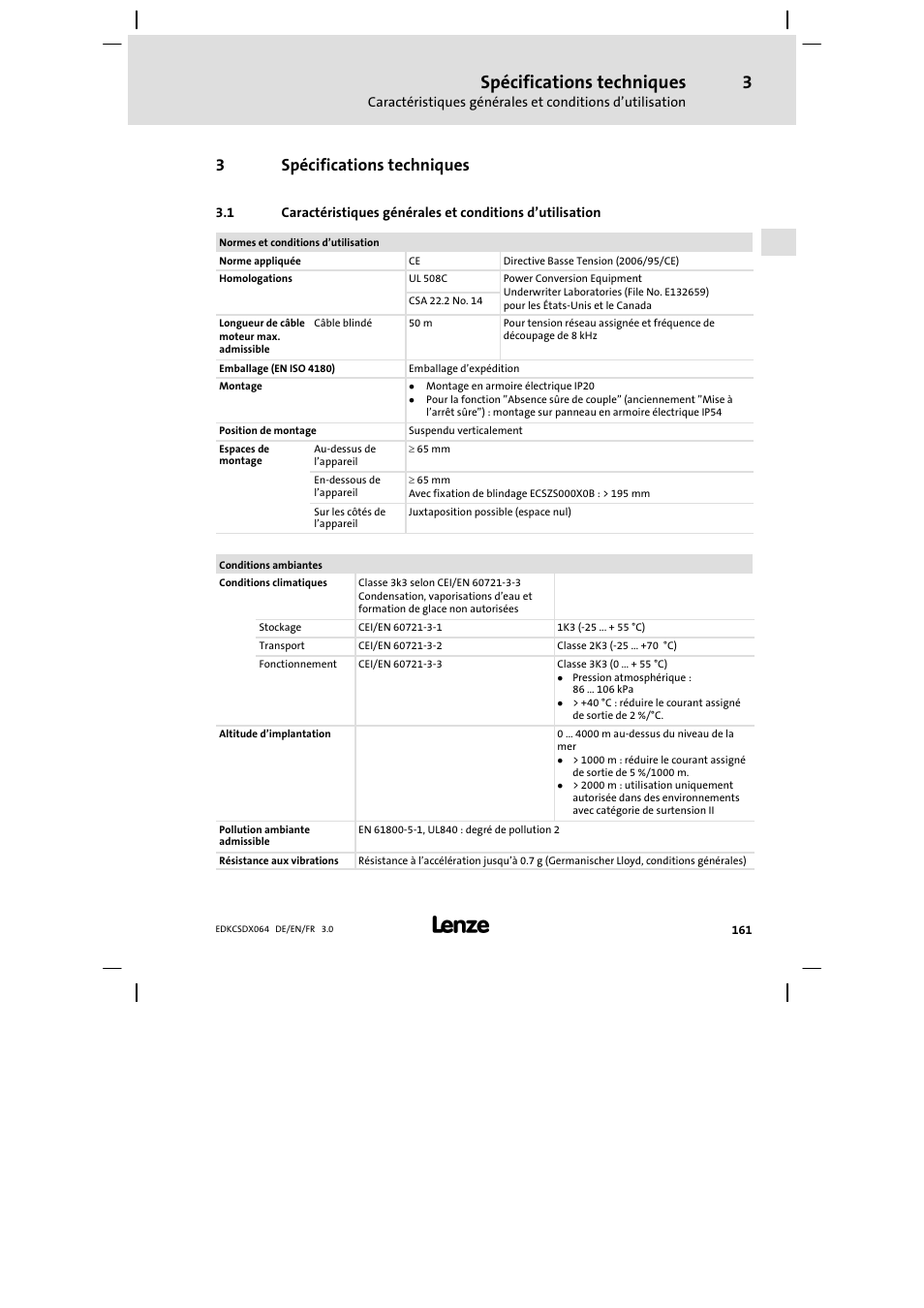 3 spécifications techniques, Spécifications techniques, 3spécifications techniques | Lenze ECSDAxxx User Manual | Page 161 / 210