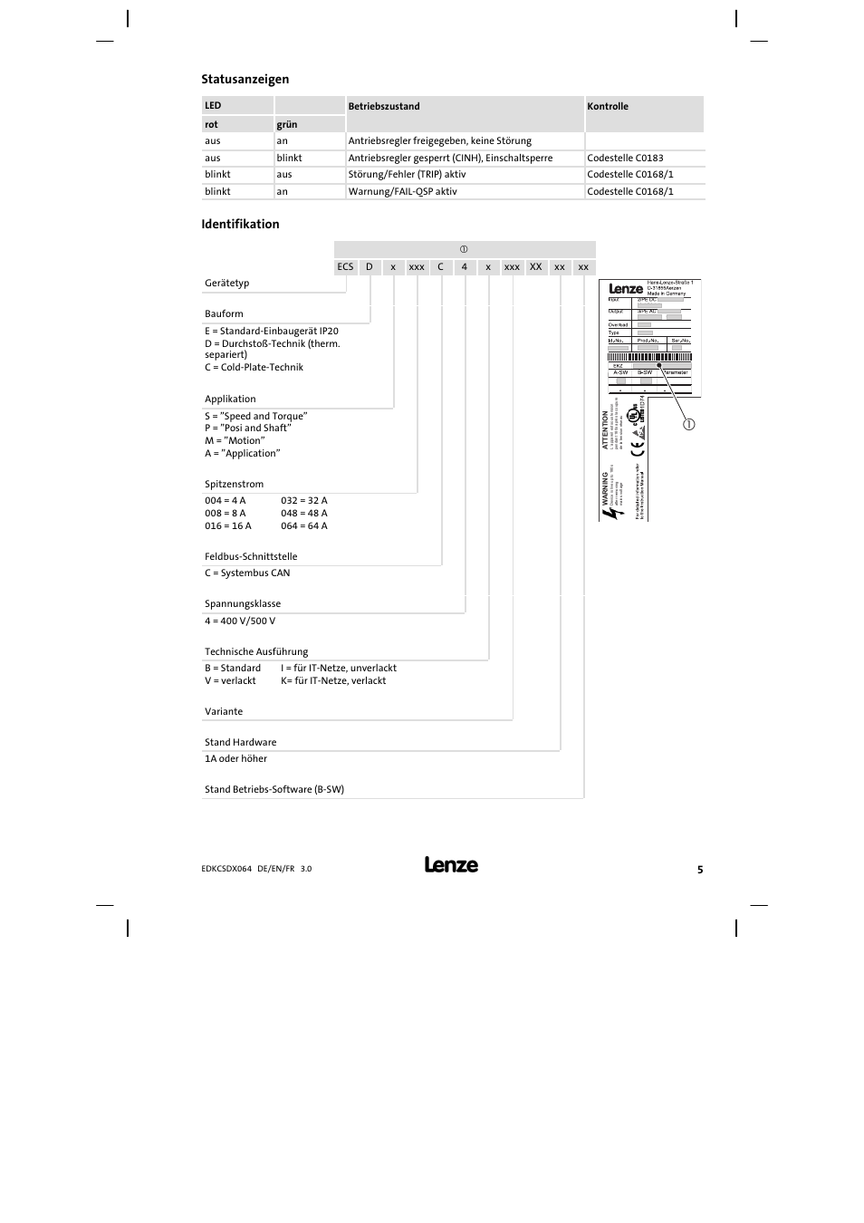 Statusanzeigen, Identifikation | Lenze ECSDAxxx User Manual | Page 5 / 210