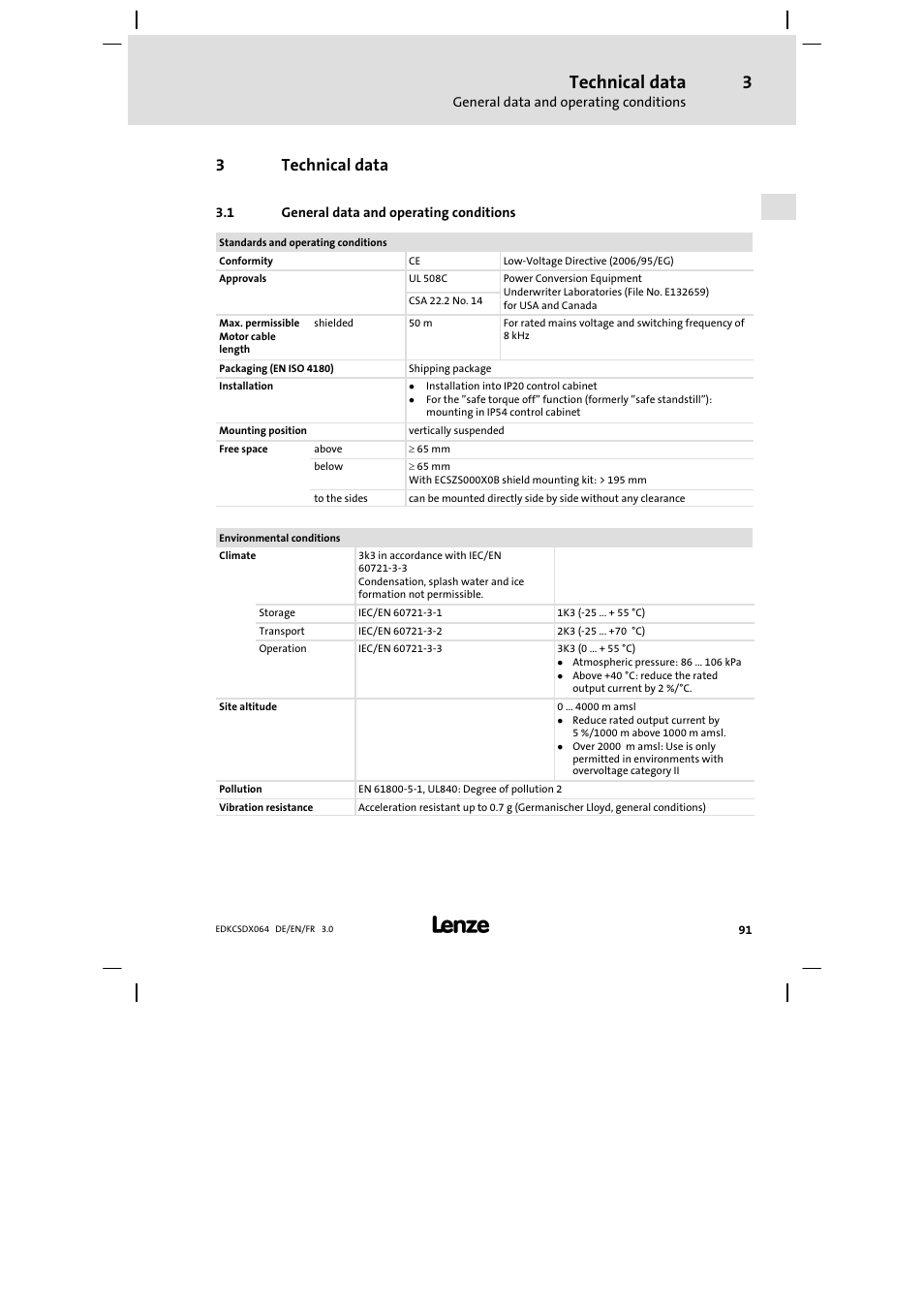3 technical data, General data and operating conditions, Technical data | 3technical data | Lenze ECSDAxxx User Manual | Page 91 / 210