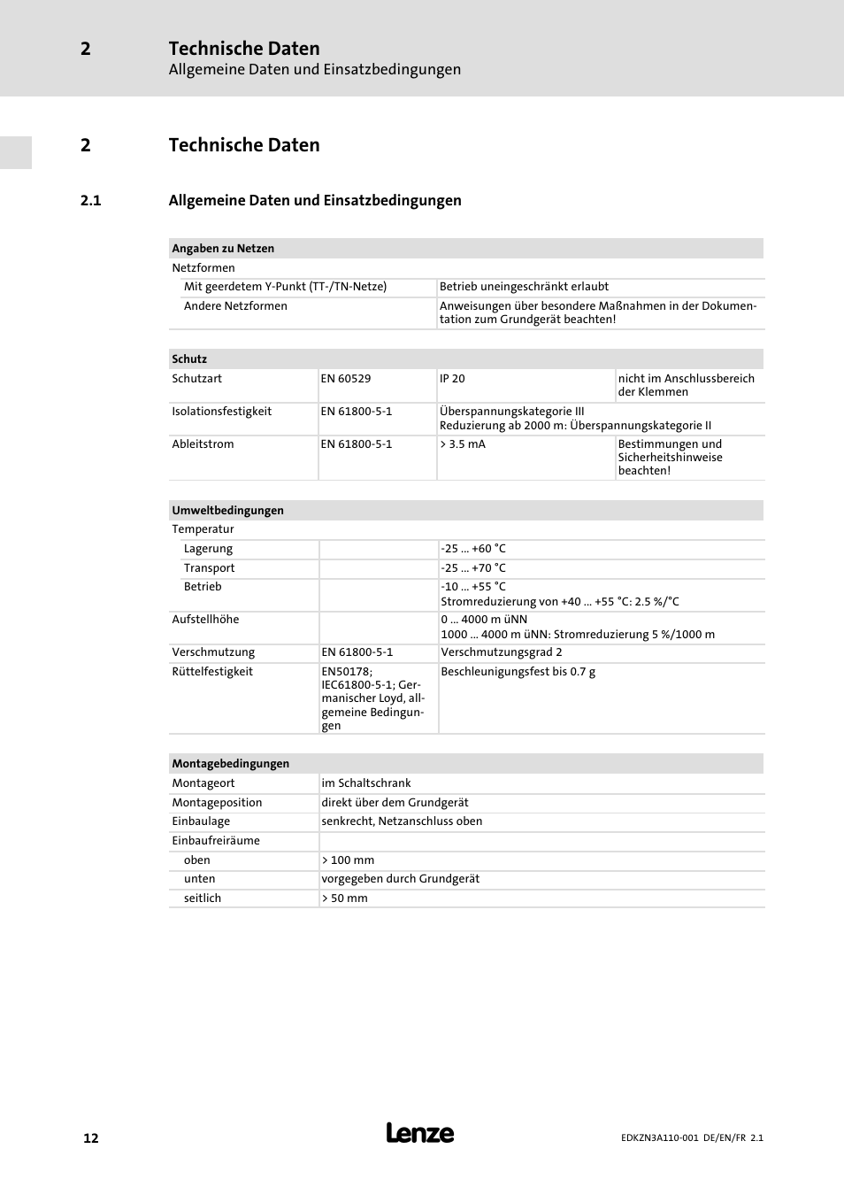 2 technische daten, 1 allgemeine daten und einsatzbedingungen, Technische daten | Allgemeine daten und einsatzbedingungen, 2technische daten | Lenze EZN3A0030H110N001 User Manual | Page 12 / 52