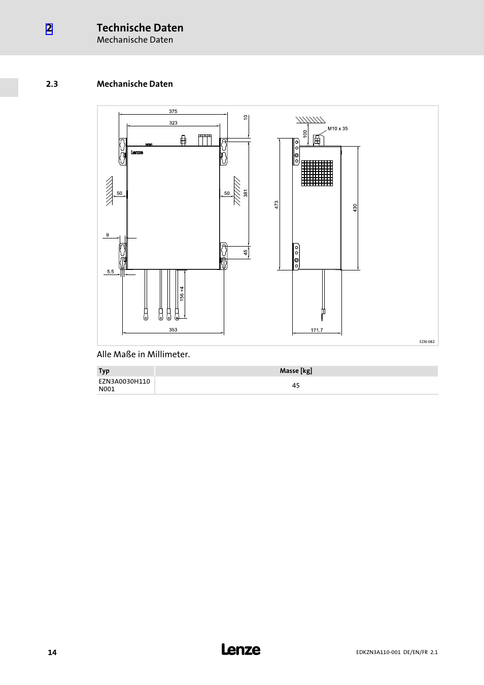 3 mechanische daten, Mechanische daten, Technische daten | Lenze EZN3A0030H110N001 User Manual | Page 14 / 52