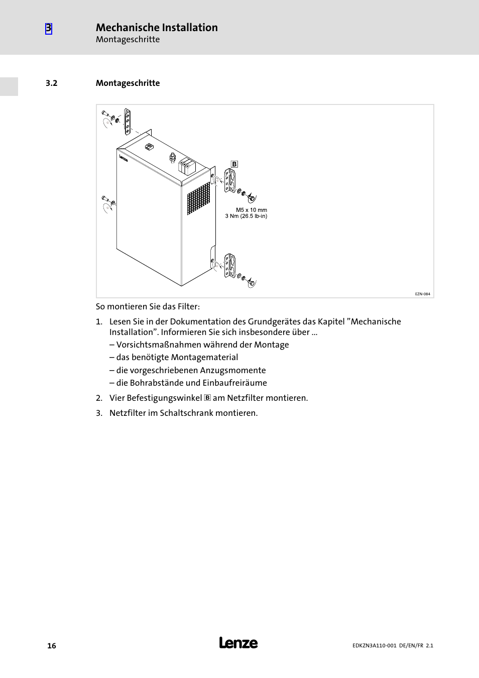 2 montageschritte, Montageschritte, Mechanische installation | Lenze EZN3A0030H110N001 User Manual | Page 16 / 52