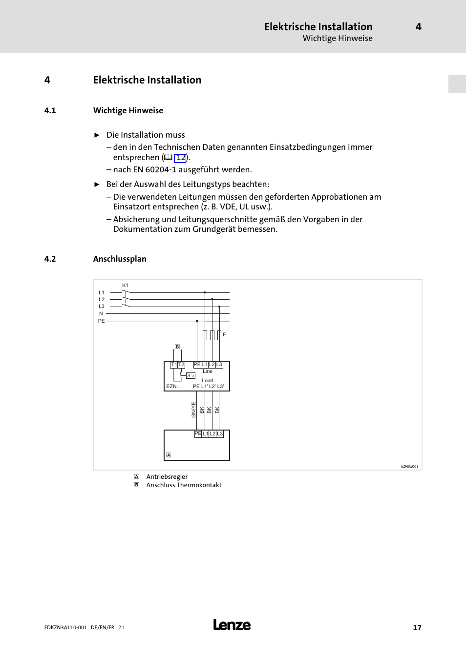 4 elektrische installation, 1 wichtige hinweise, 2 anschlussplan | Elektrische installation, Wichtige hinweise, Anschlussplan, 4elektrische installation | Lenze EZN3A0030H110N001 User Manual | Page 17 / 52