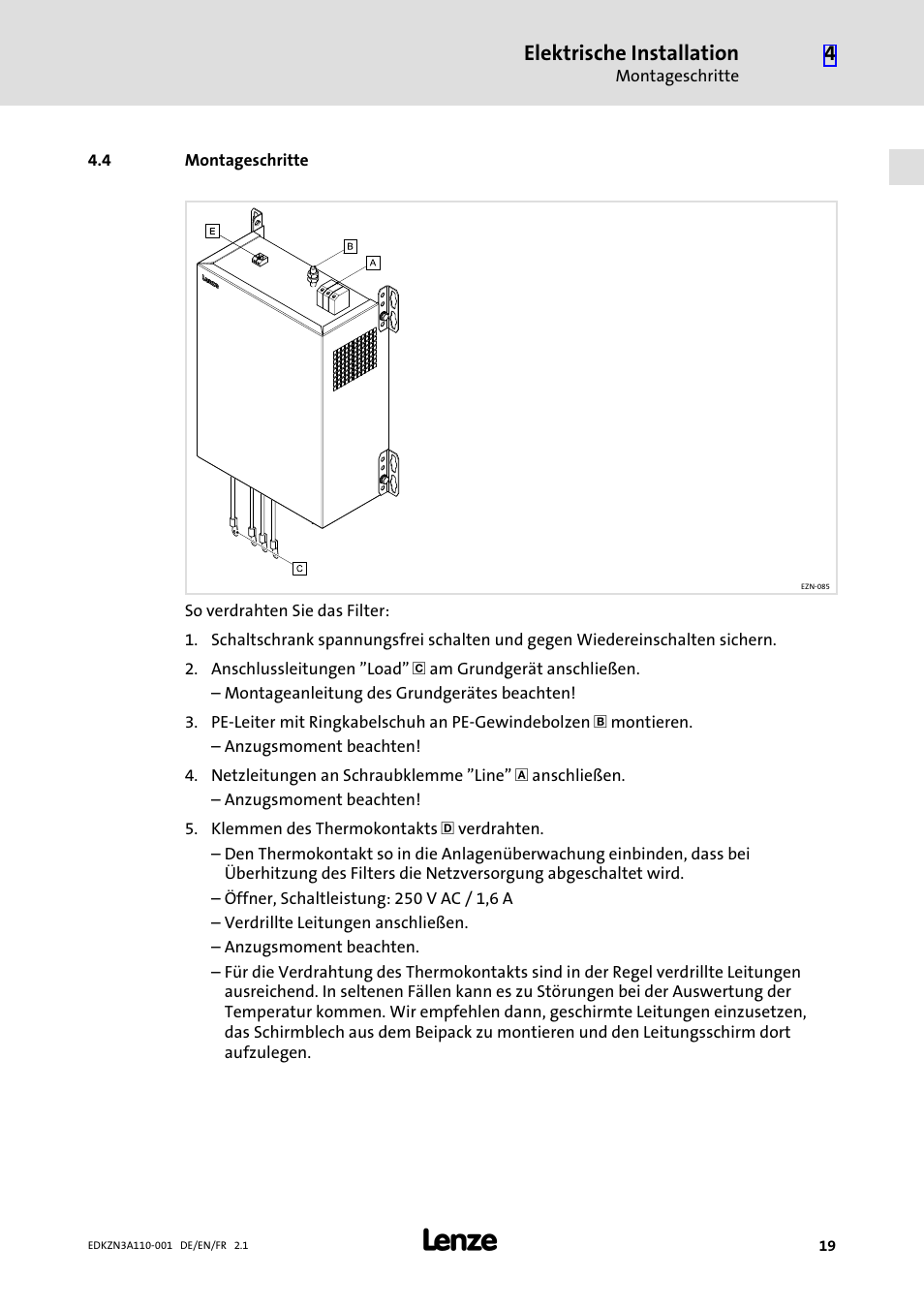 4 montageschritte, Montageschritte, Elektrische installation | Lenze EZN3A0030H110N001 User Manual | Page 19 / 52