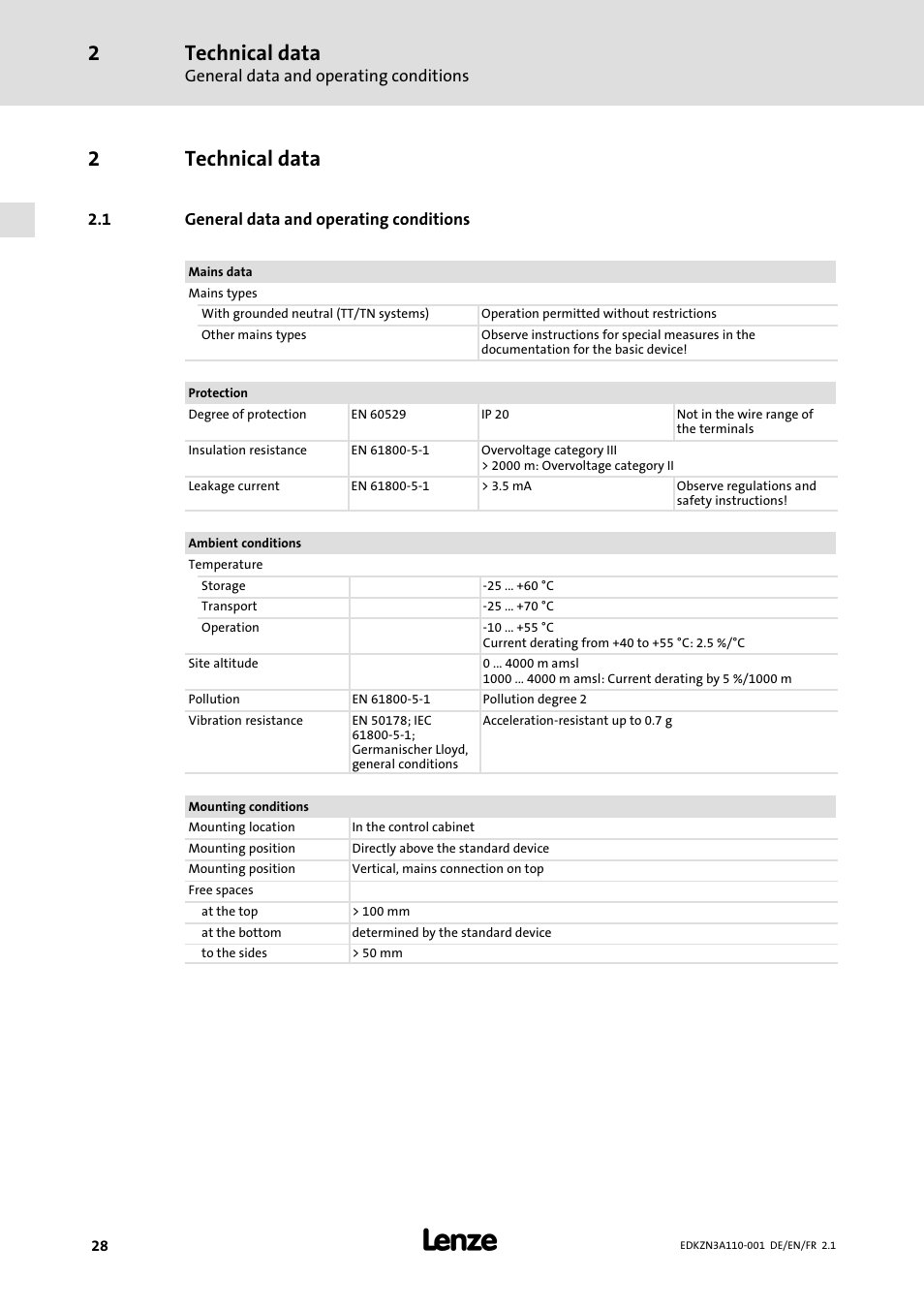 2 technical data, 1 general data and operating conditions, Technical data | General data and operating conditions, 2technical data | Lenze EZN3A0030H110N001 User Manual | Page 28 / 52