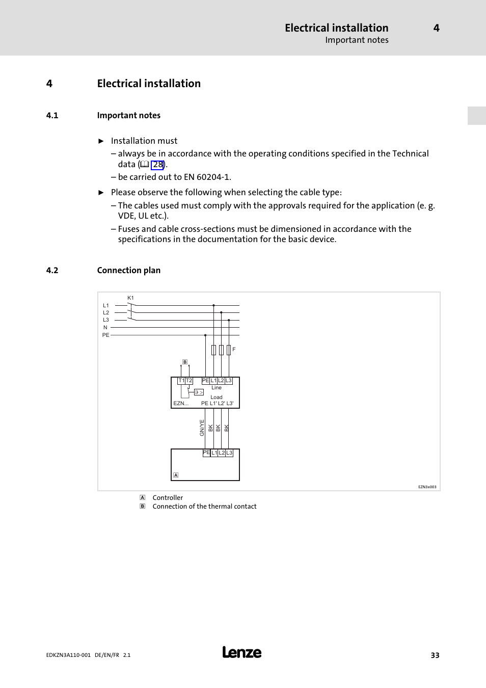 4 electrical installation, 1 important notes, 2 connection plan | Electrical installation, Important notes, Connection plan, 4electrical installation | Lenze EZN3A0030H110N001 User Manual | Page 33 / 52