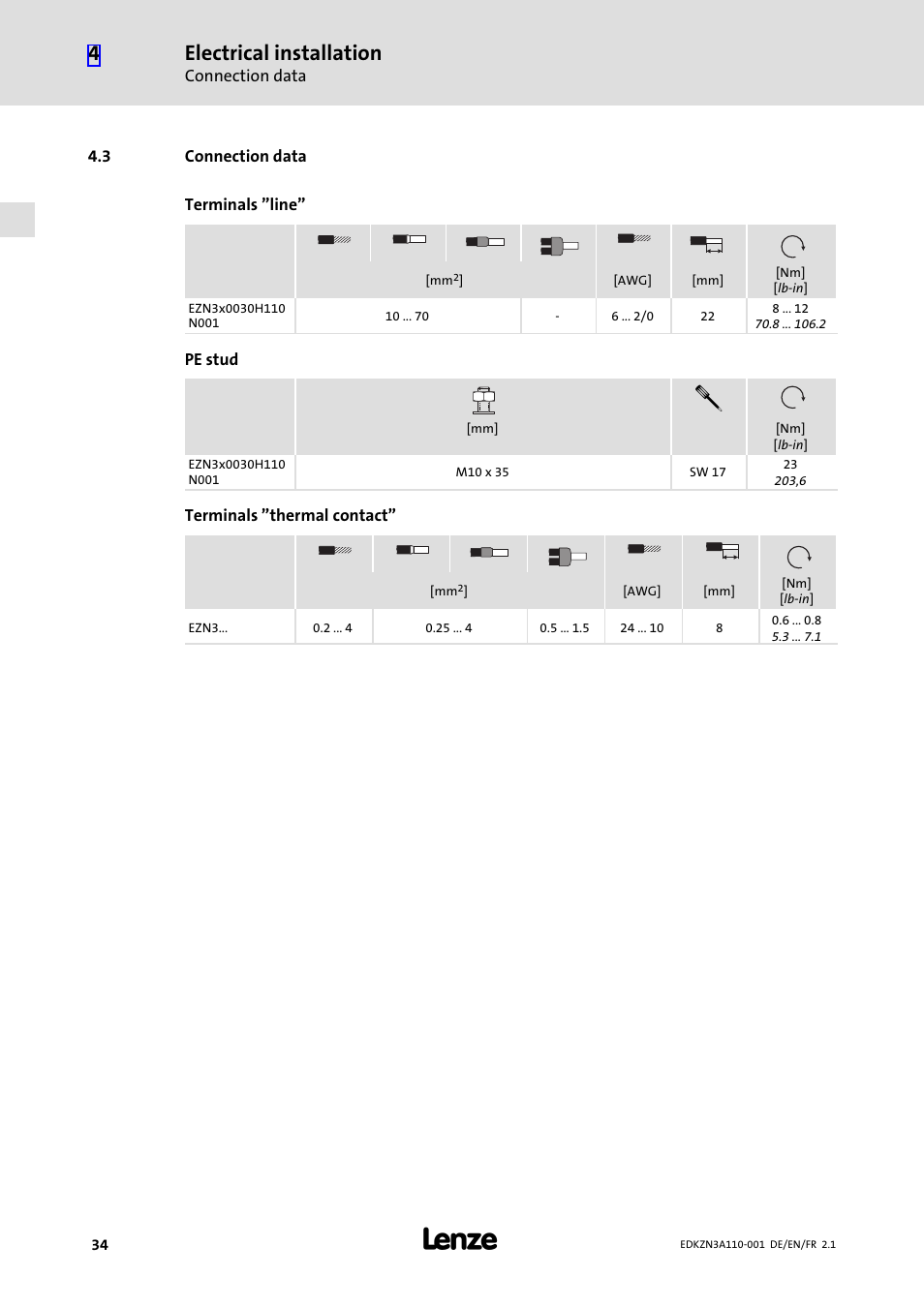 3 connection data, Connection data, Electrical installation | Lenze EZN3A0030H110N001 User Manual | Page 34 / 52