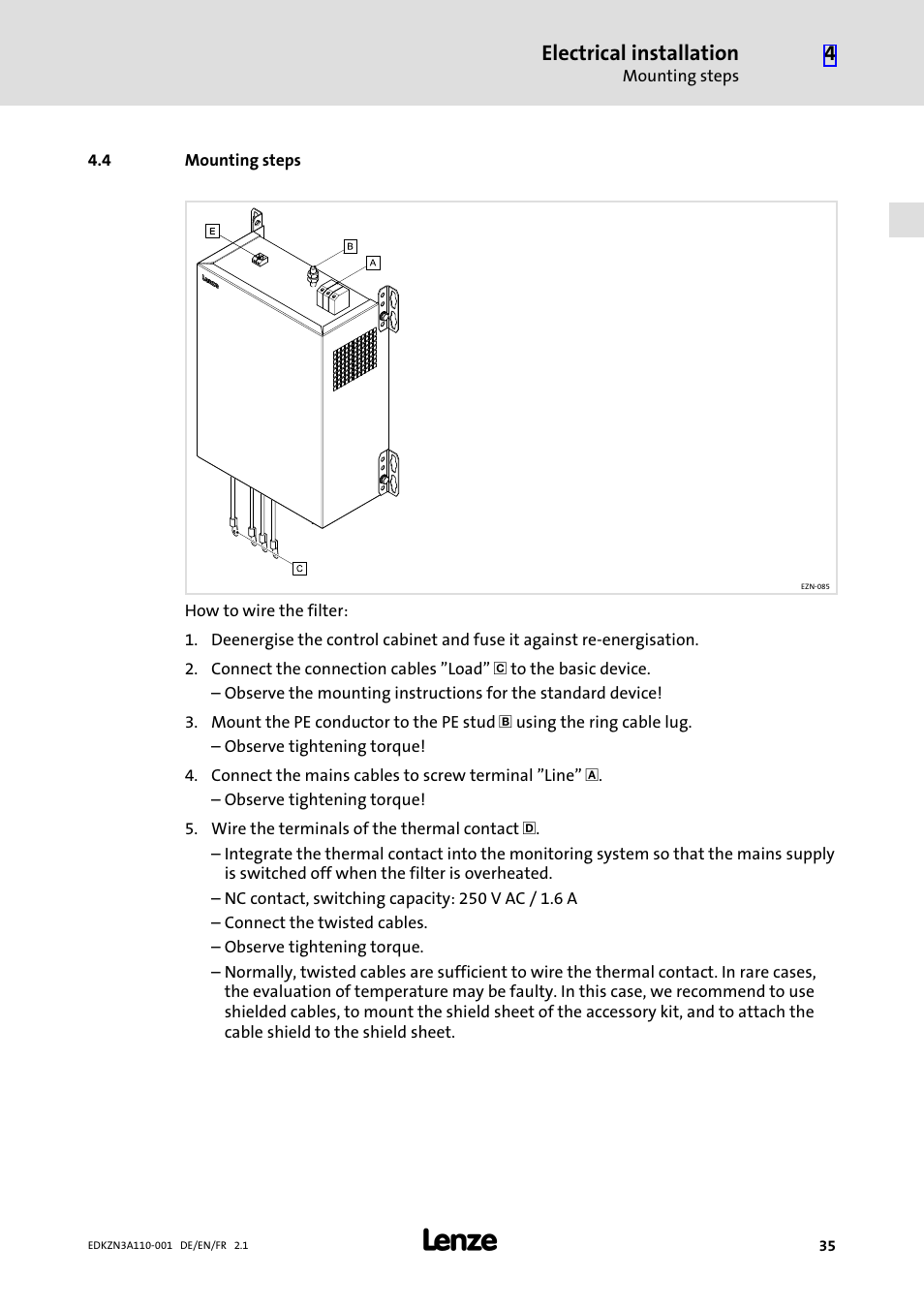 4 mounting steps, Mounting steps, Electrical installation | Lenze EZN3A0030H110N001 User Manual | Page 35 / 52