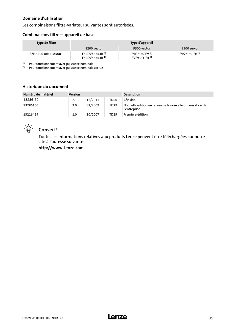 Domaine d’utilisation, Conseil | Lenze EZN3A0030H110N001 User Manual | Page 39 / 52