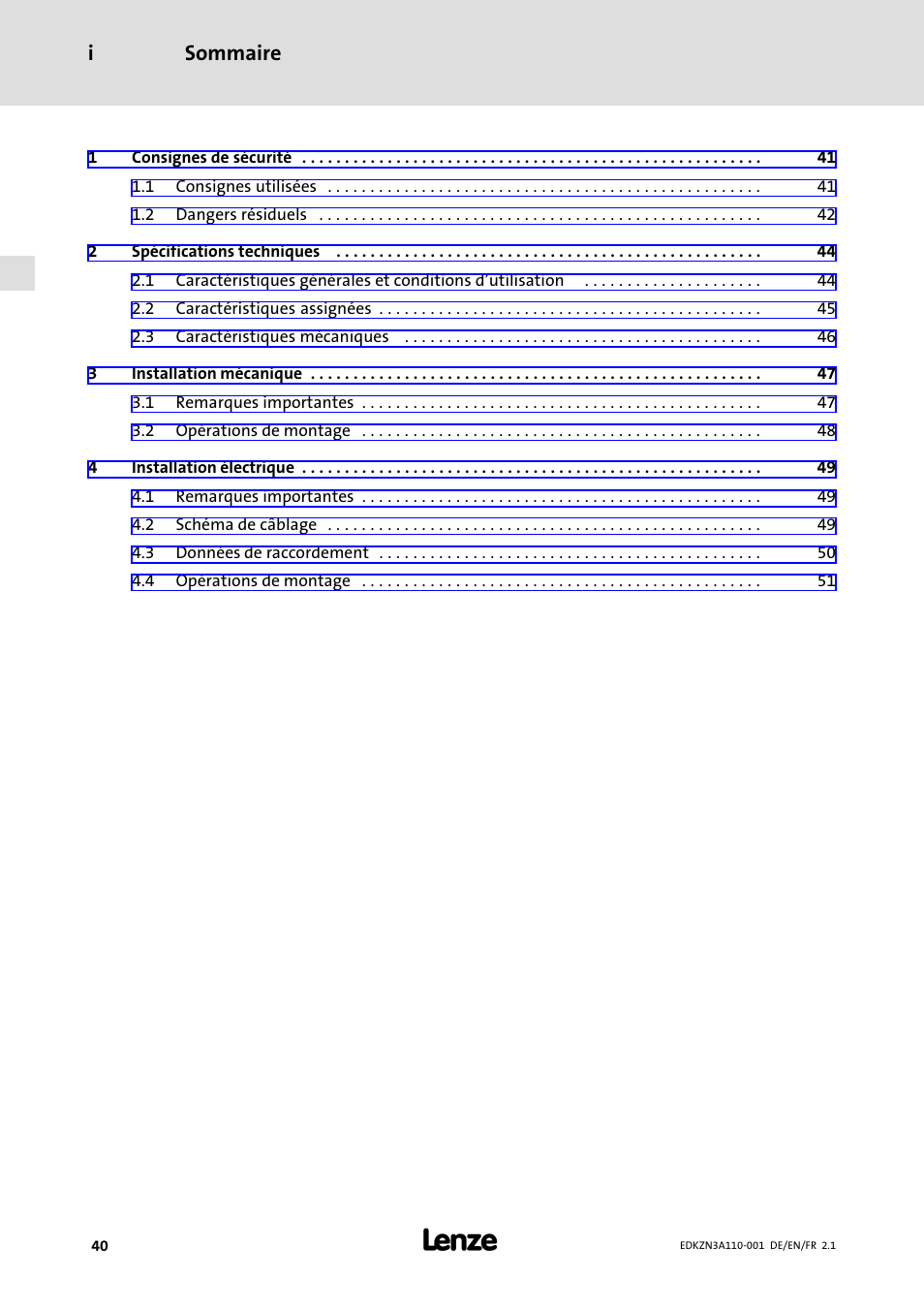 Sommaire, Sommaire i | Lenze EZN3A0030H110N001 User Manual | Page 40 / 52
