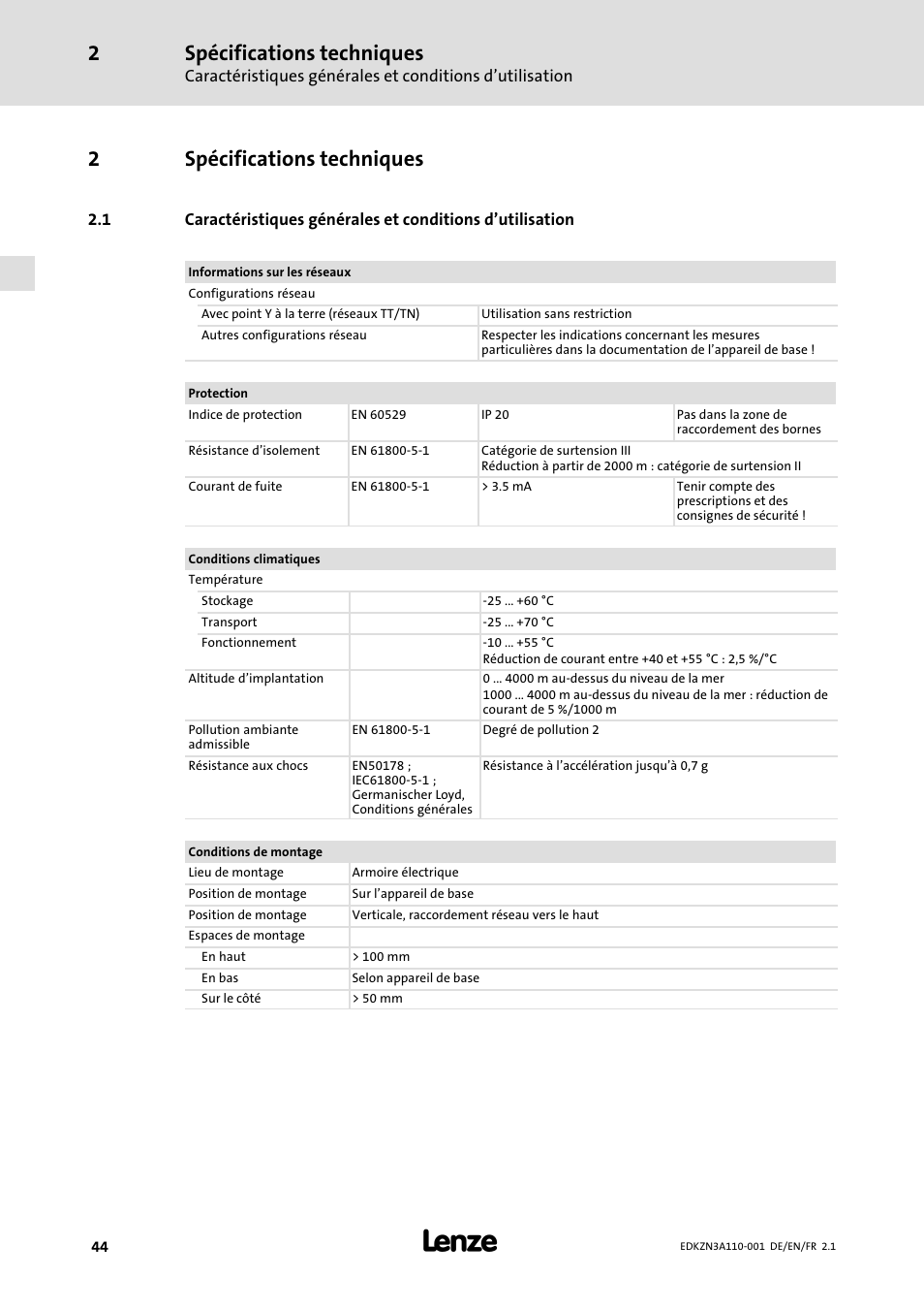 2 spécifications techniques, Spécifications techniques, 2spécifications techniques | Lenze EZN3A0030H110N001 User Manual | Page 44 / 52