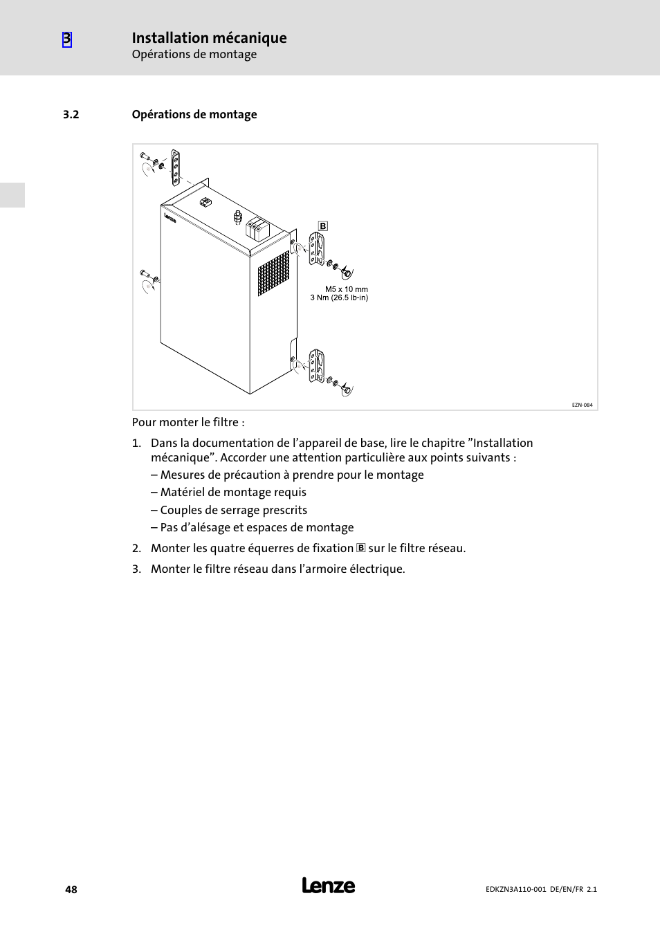 2 opérations de montage, Opérations de montage, Installation mécanique | Lenze EZN3A0030H110N001 User Manual | Page 48 / 52