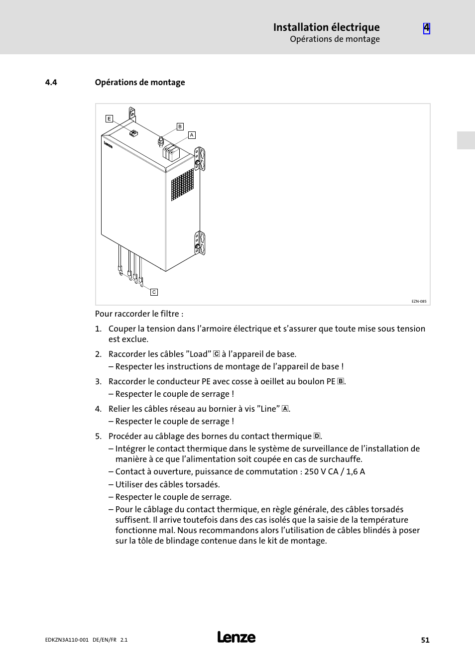 4 opérations de montage, Opérations de montage, Installation électrique | Lenze EZN3A0030H110N001 User Manual | Page 51 / 52