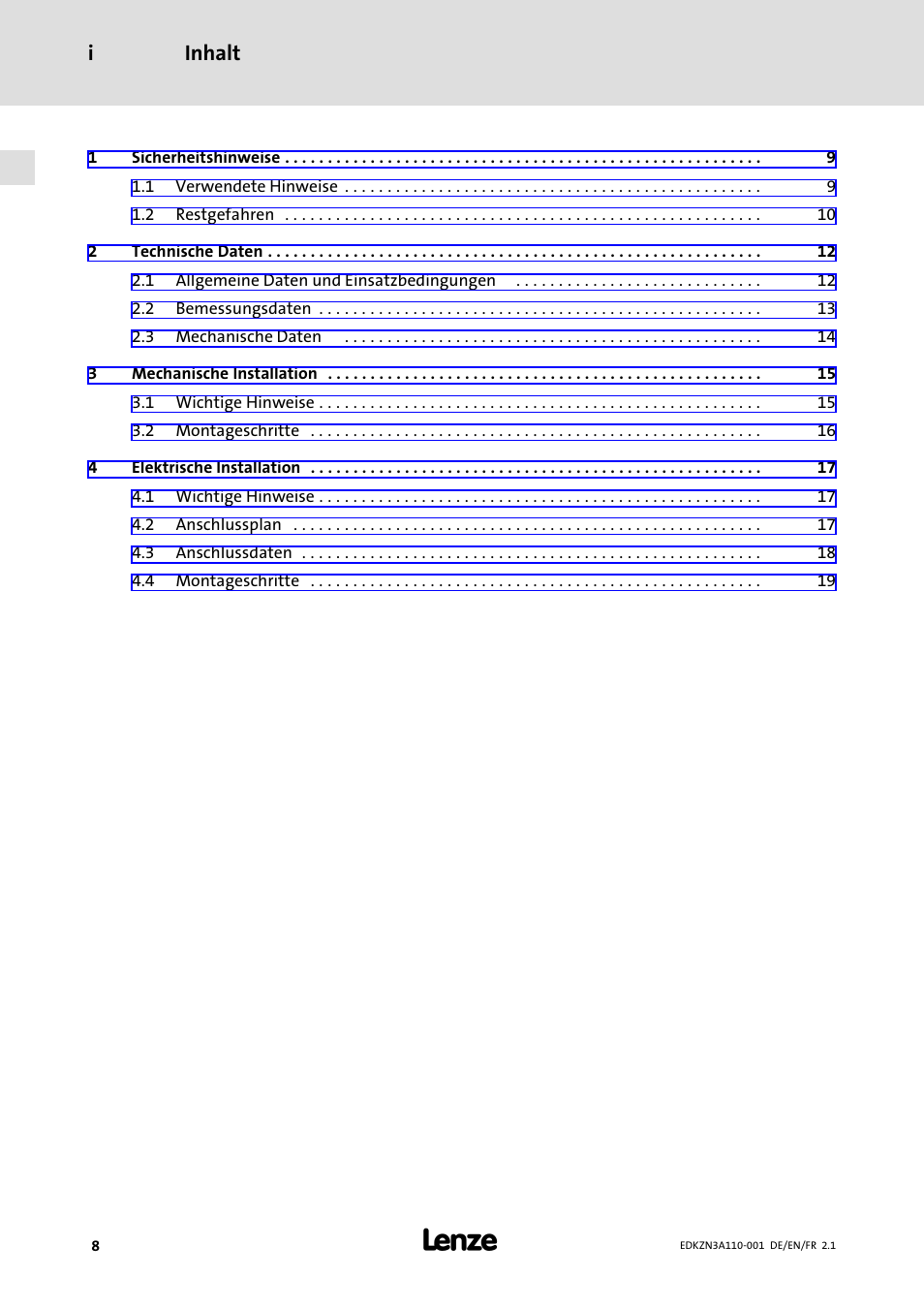 Inhalt, Inhalt i | Lenze EZN3A0030H110N001 User Manual | Page 8 / 52