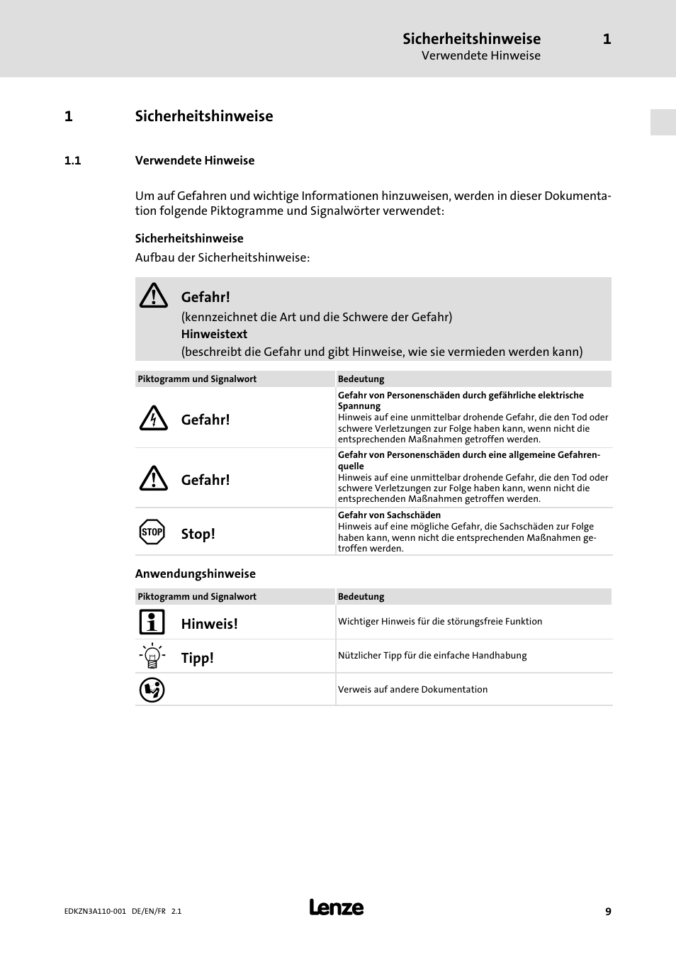 1 sicherheitshinweise, 1 verwendete hinweise, Sicherheitshinweise | Verwendete hinweise | Lenze EZN3A0030H110N001 User Manual | Page 9 / 52