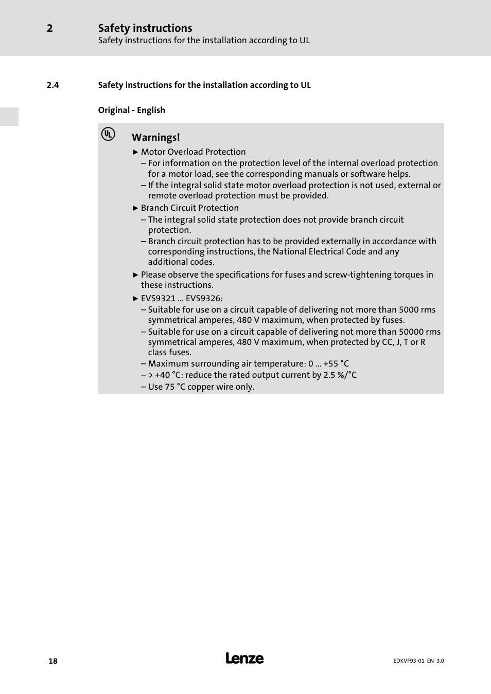 Safety instructions | Lenze EVF9326−xV User Manual | Page 18 / 46