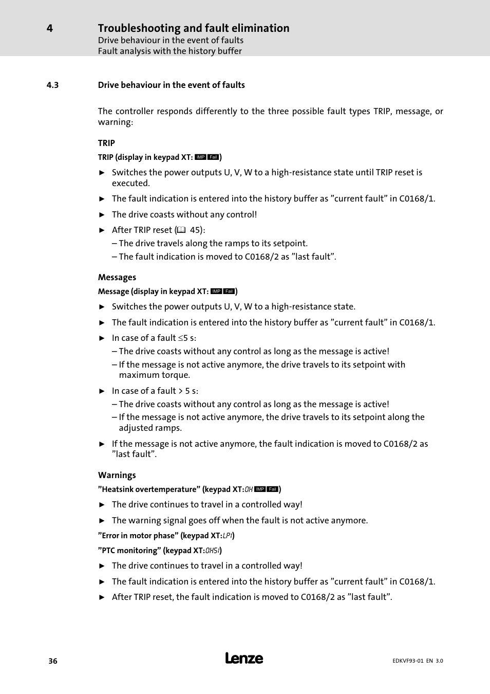 Drive behaviour in the event of faults, Troubleshooting and fault elimination | Lenze EVF9326−xV User Manual | Page 36 / 46