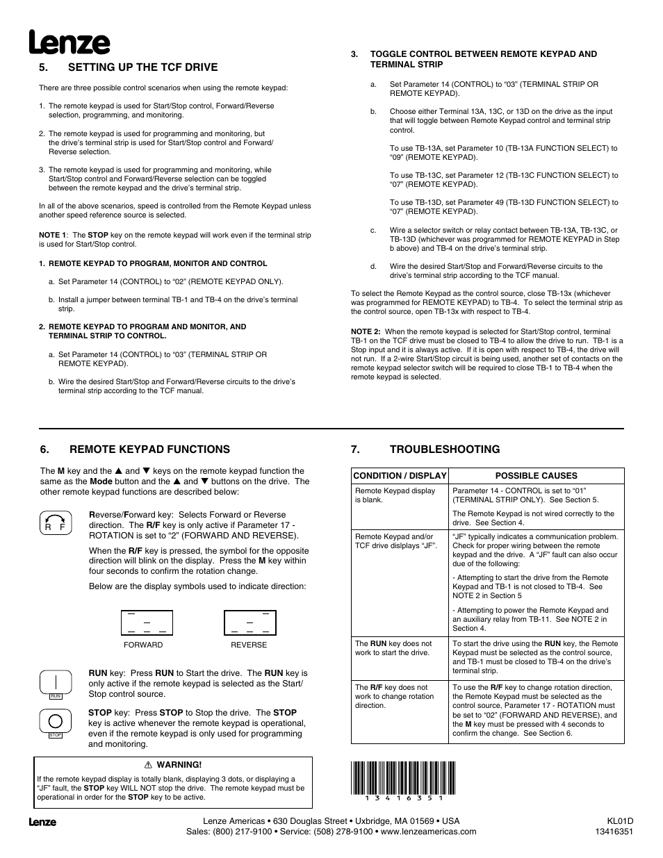 Troubleshooting, Remote keypad functions, Setting up the tcf drive | Lenze TCF Series remote keypad User Manual | Page 2 / 2