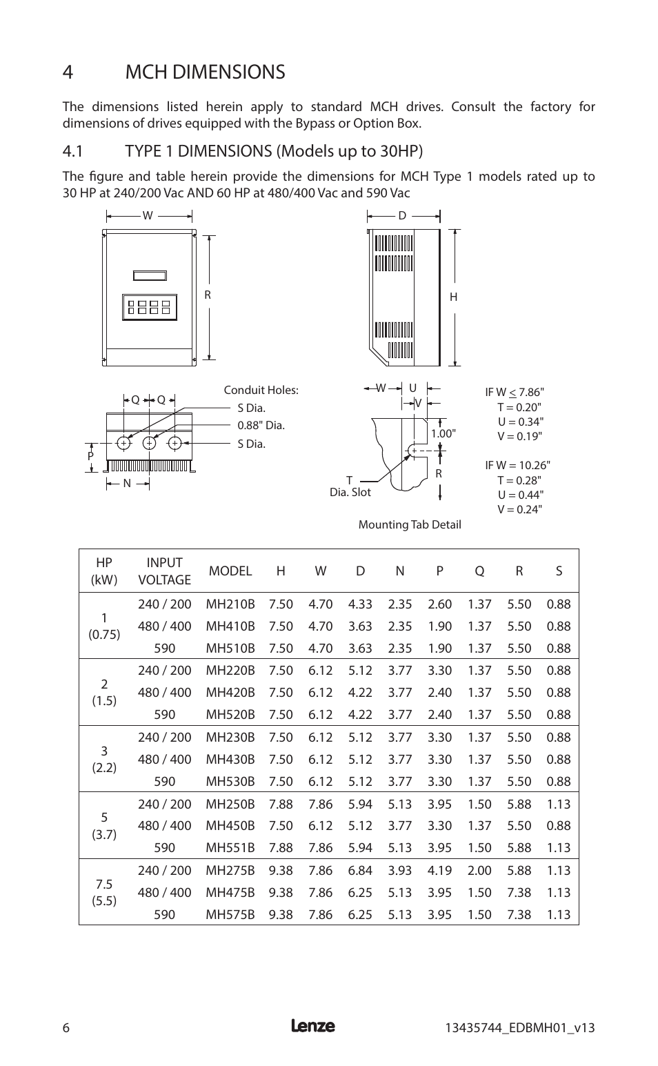 4mch dimensions, 1 type 1 dimensions (models up to 30hp) | Lenze MCH Series User Manual | Page 10 / 92