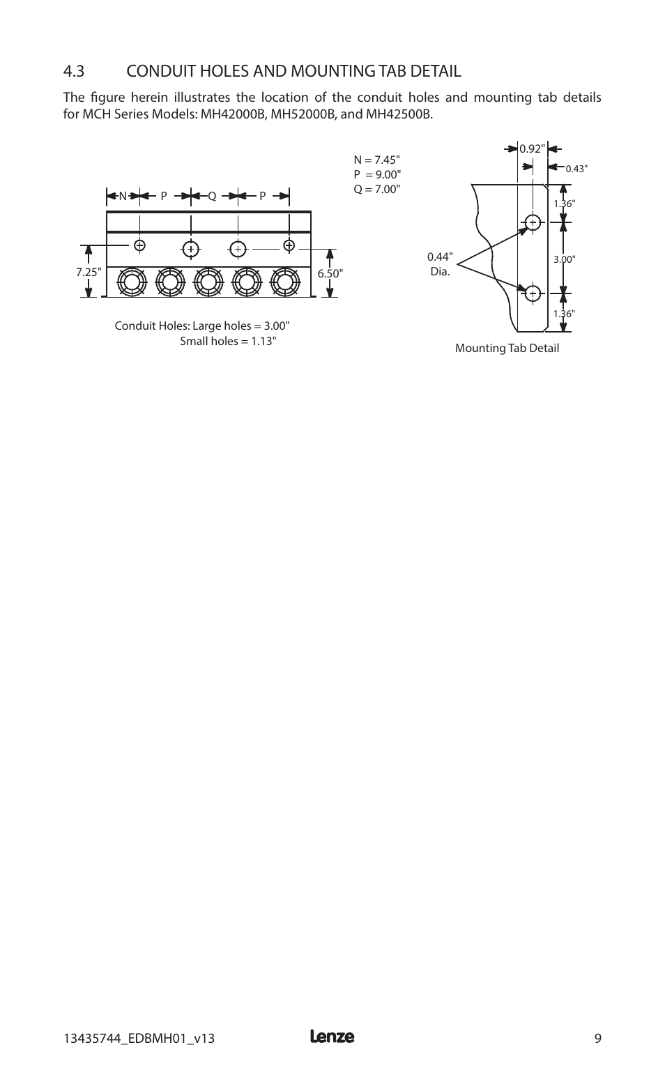 3 conduit holes and mounting tab detail | Lenze MCH Series User Manual | Page 13 / 92