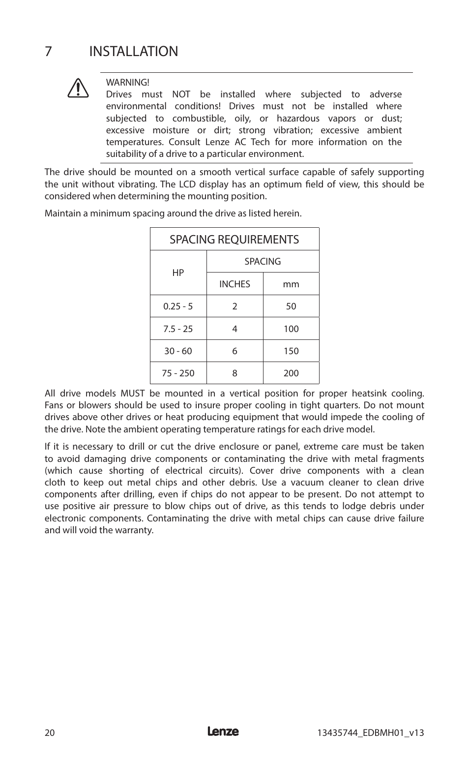 7 installation, Spacing requirements | Lenze MCH Series User Manual | Page 24 / 92