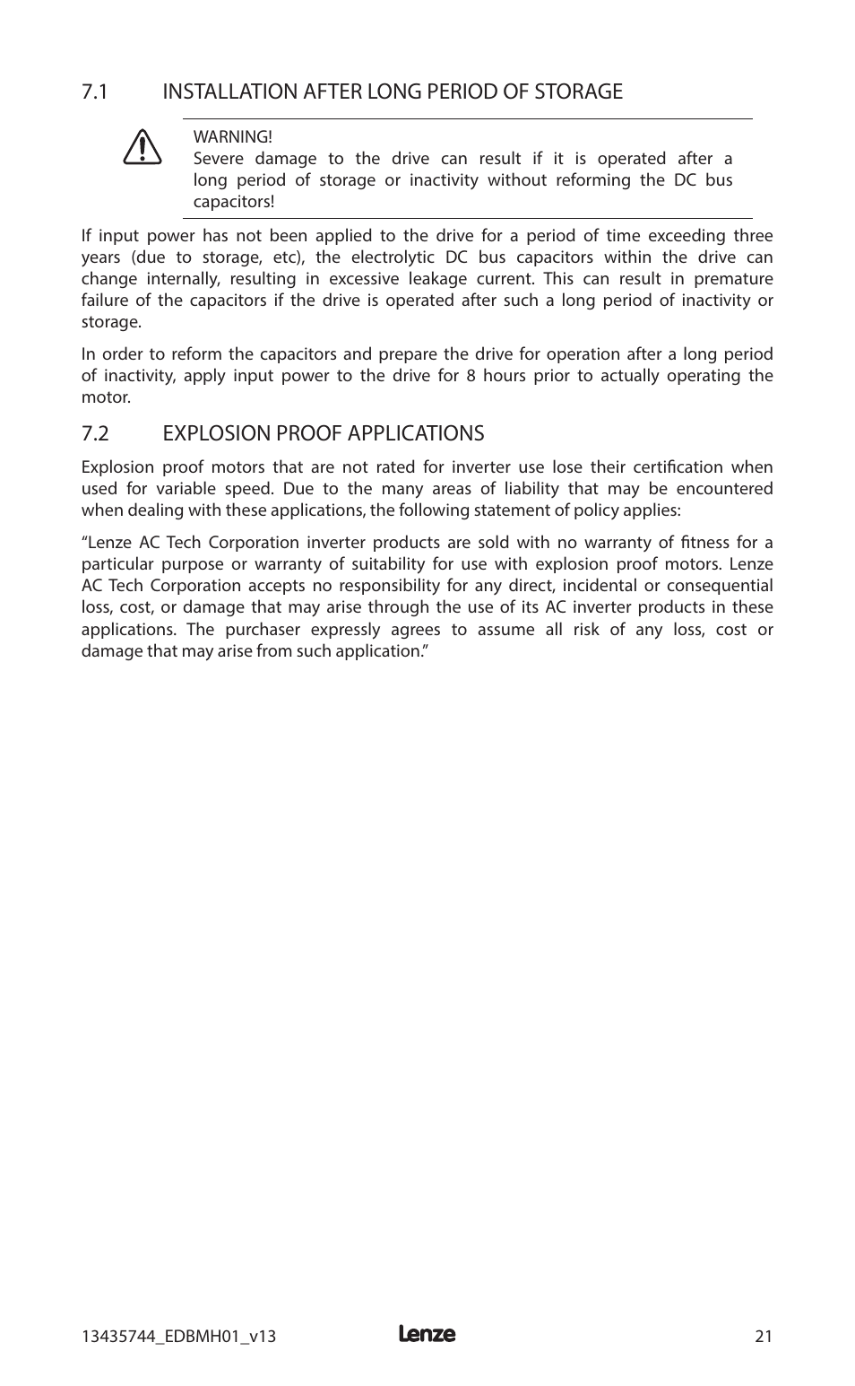 1 installation after long period of storage, 2 explosion proof applications | Lenze MCH Series User Manual | Page 25 / 92