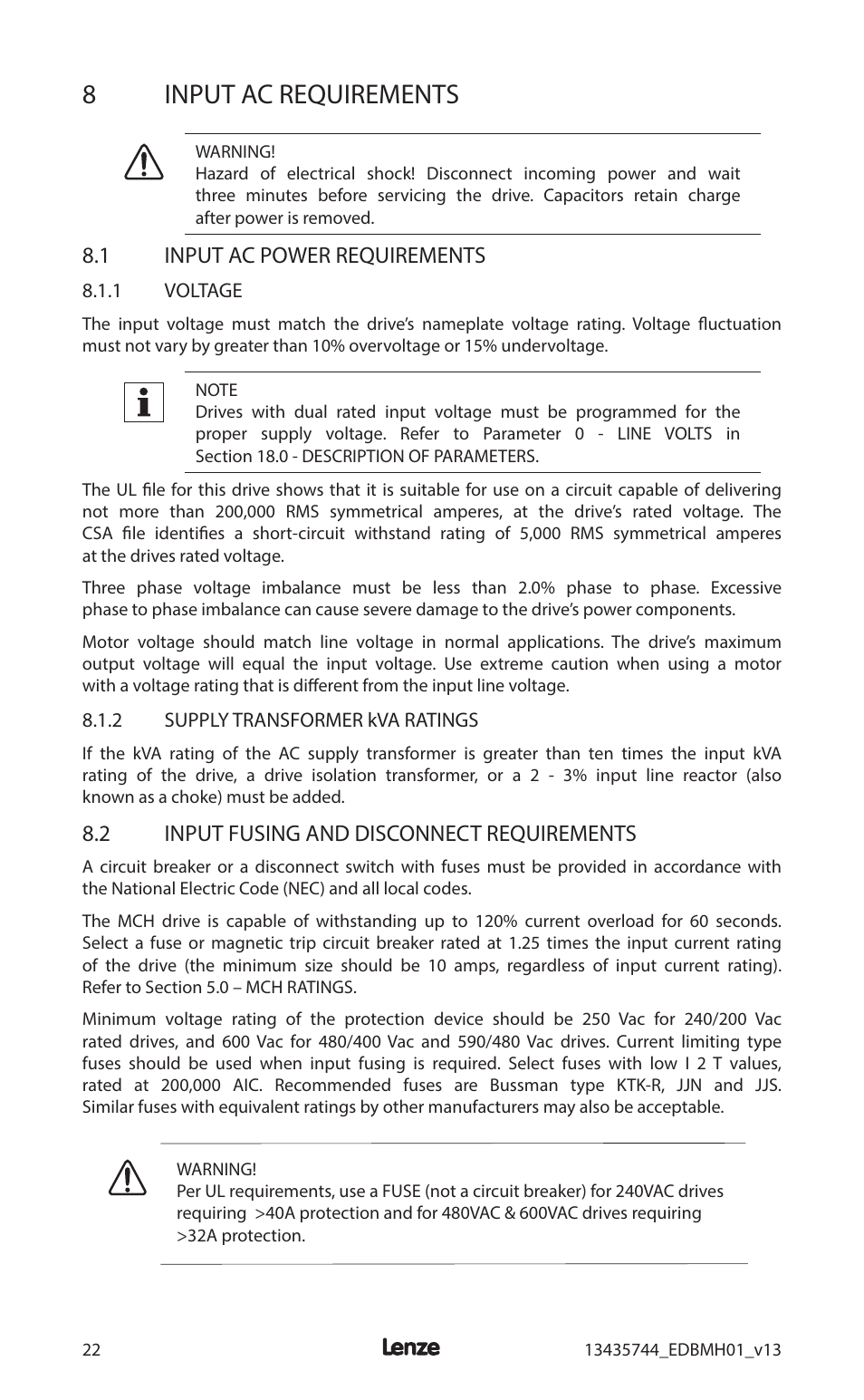 8input ac requirements, 1 input ac power requirements, 2 input fusing and disconnect requirements | Lenze MCH Series User Manual | Page 26 / 92