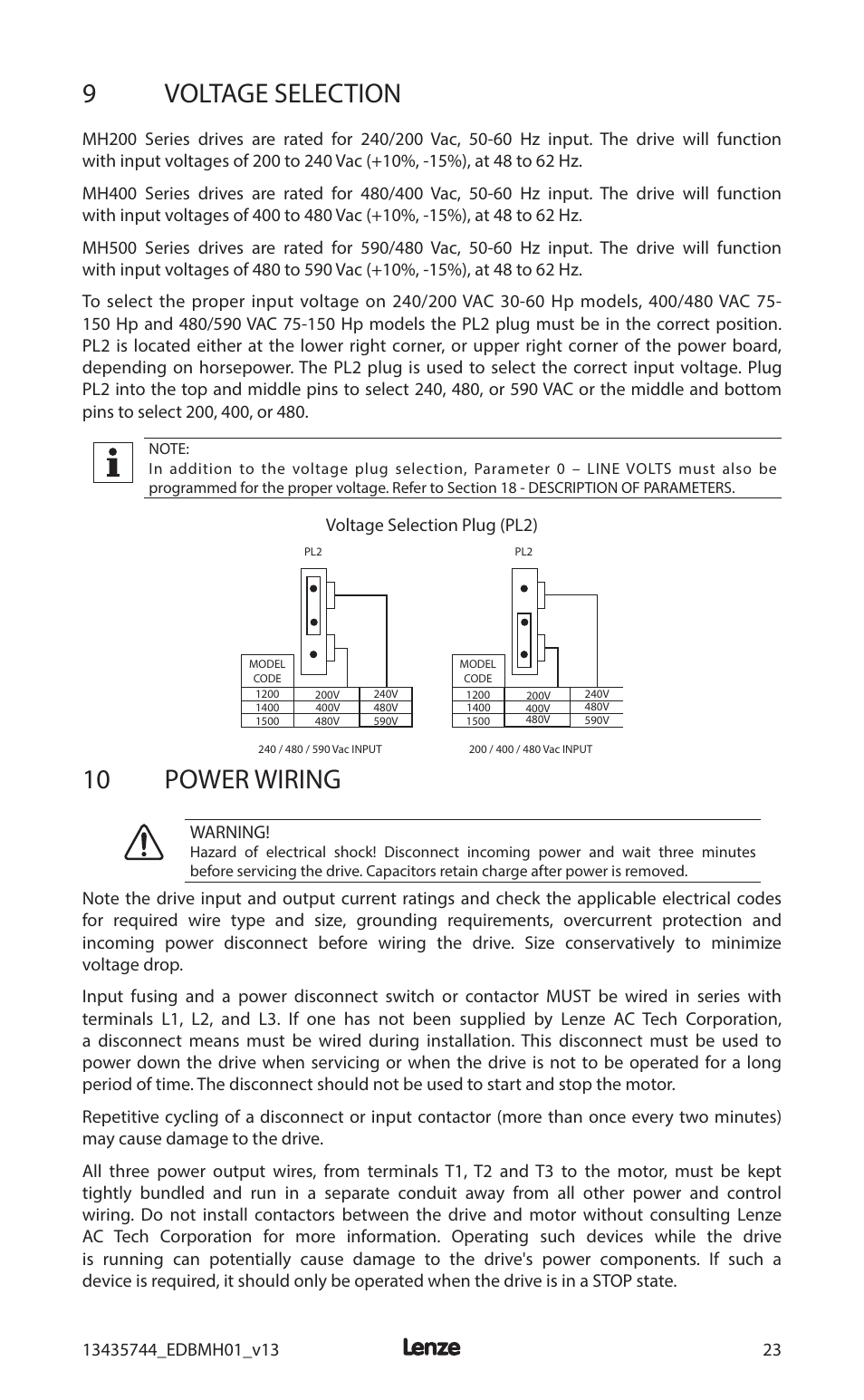 9voltage selection, 10 power wiring | Lenze MCH Series User Manual | Page 27 / 92