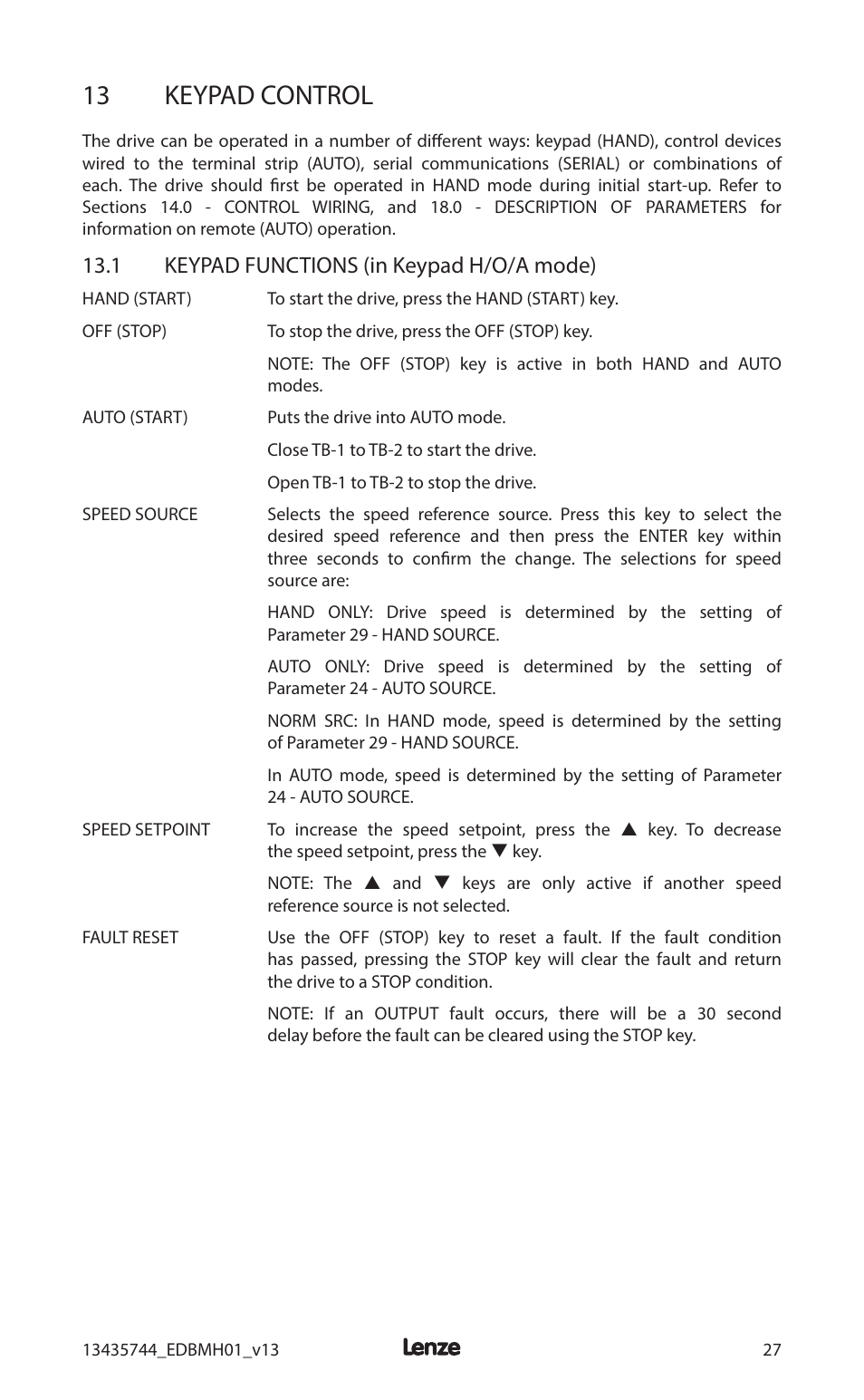 13 keypad control, 1 keypad functions (in keypad h/o/a mode) | Lenze MCH Series User Manual | Page 31 / 92
