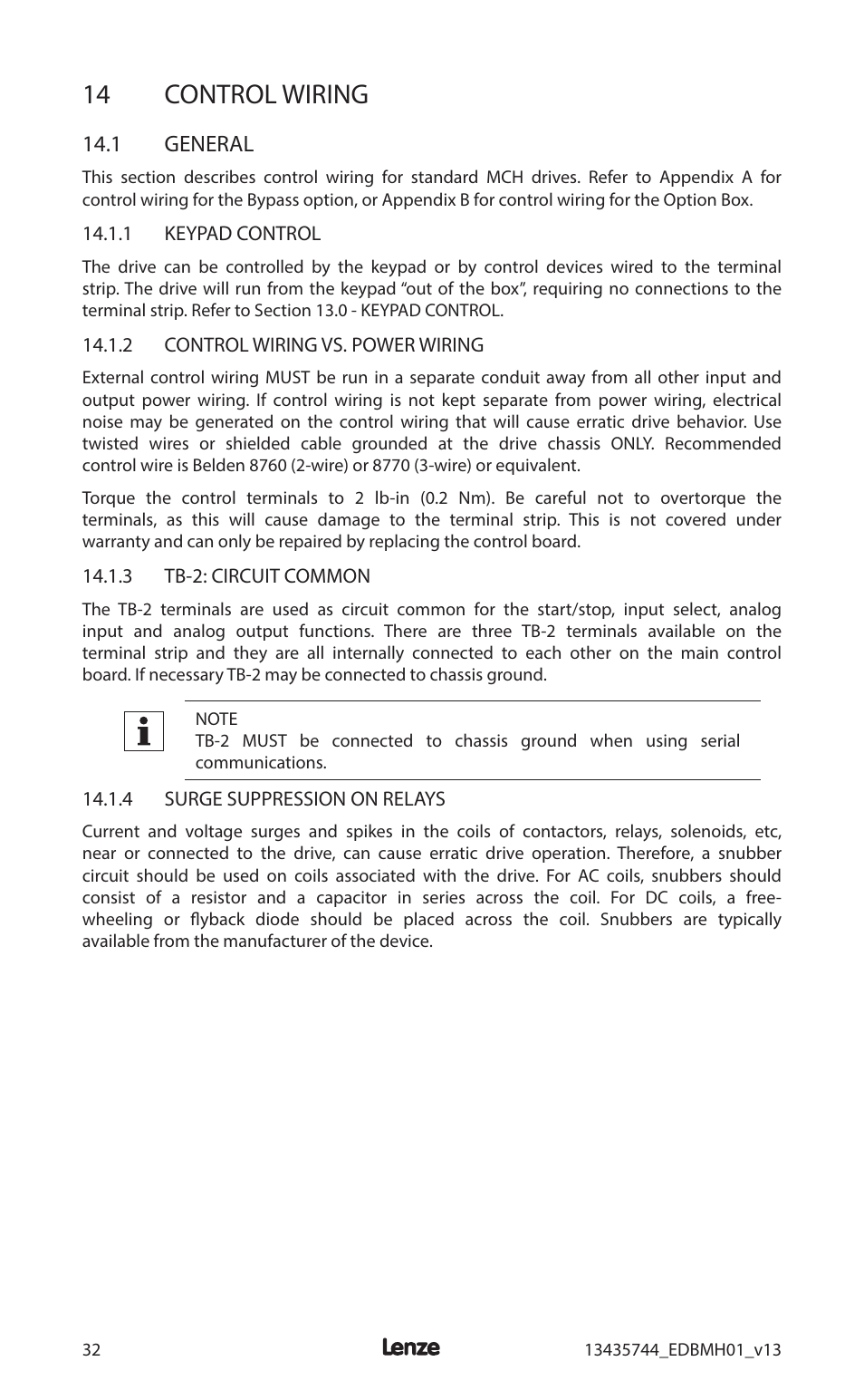 14 control wiring, 1 general | Lenze MCH Series User Manual | Page 36 / 92