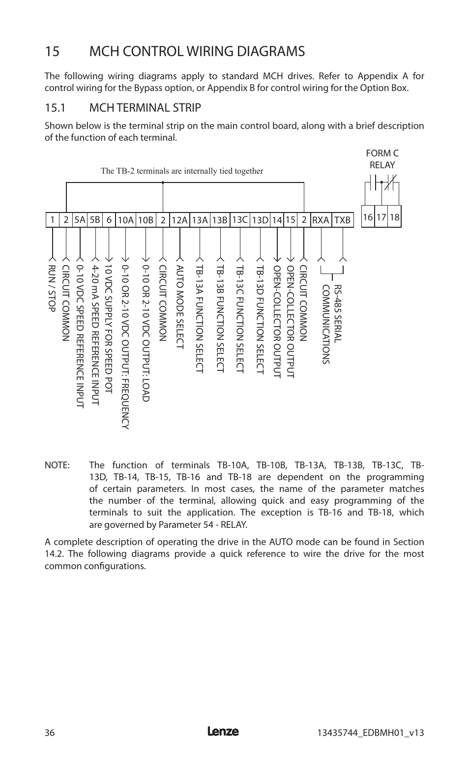 15 mch control wiring diagrams, 1 mch terminal strip | Lenze MCH Series User Manual | Page 40 / 92