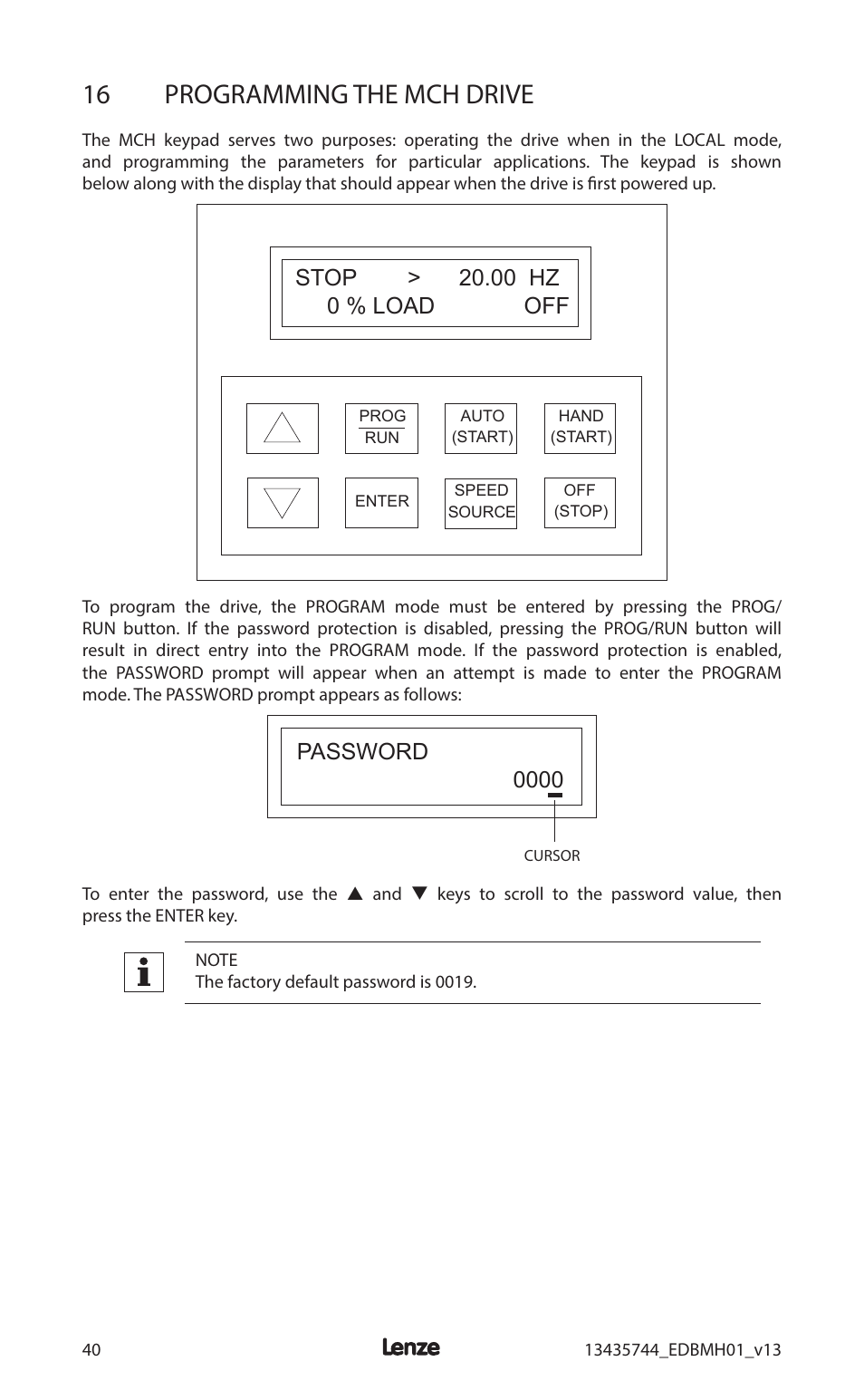 16 programming the mch drive, Password 0000 | Lenze MCH Series User Manual | Page 44 / 92