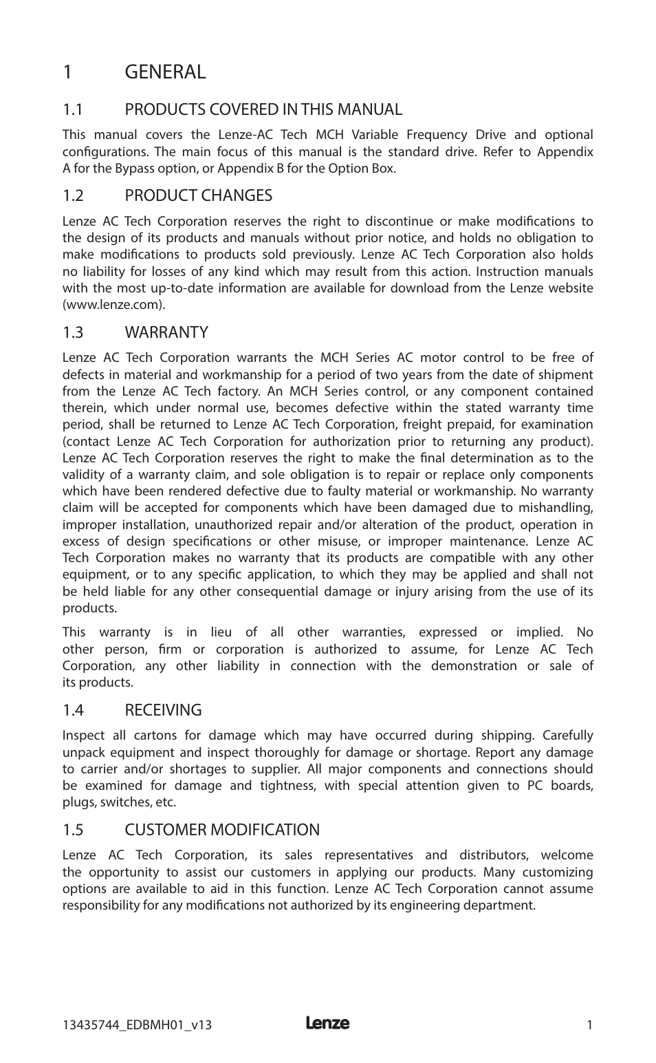 1 general, 1 products covered in this manual, 2 product changes | 3 warranty, 4 receiving, 5 customer modification | Lenze MCH Series User Manual | Page 5 / 92
