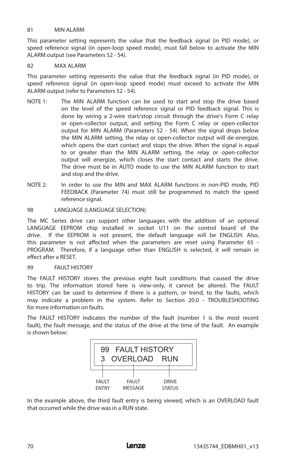 99 fault history 3 overload run | Lenze MCH Series User Manual | Page 74 / 92