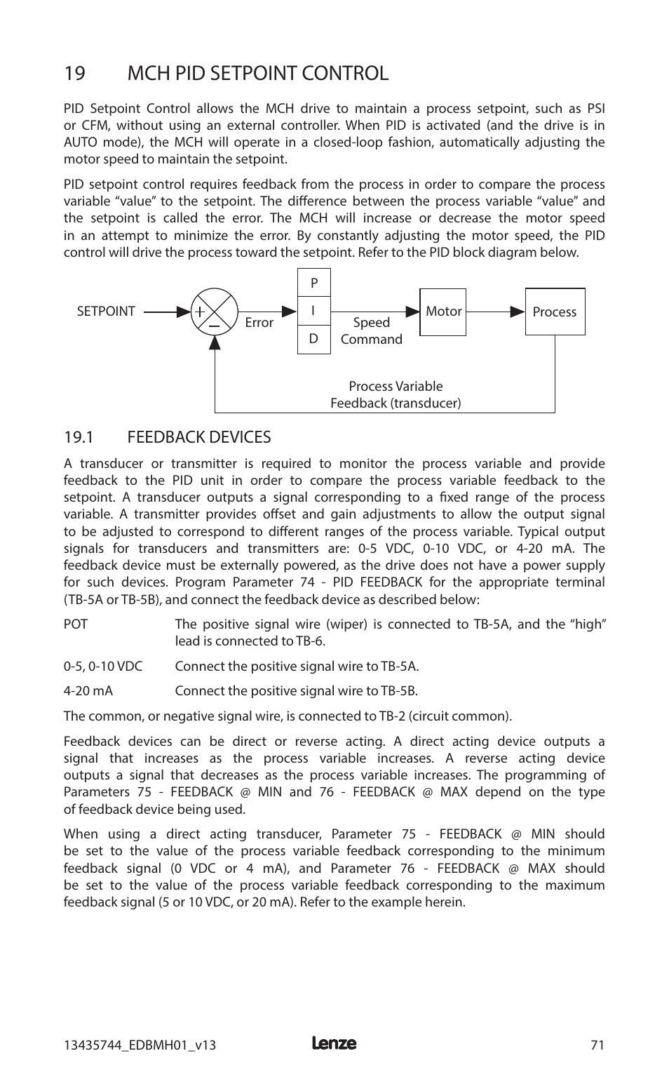 19 mch pid setpoint control, 1 feedback devices | Lenze MCH Series User Manual | Page 75 / 92