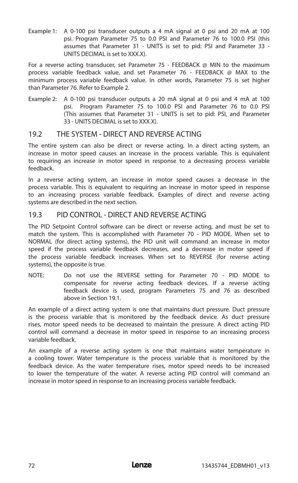 2 the system - direct and reverse acting, 3 pid control - direct and reverse acting | Lenze MCH Series User Manual | Page 76 / 92